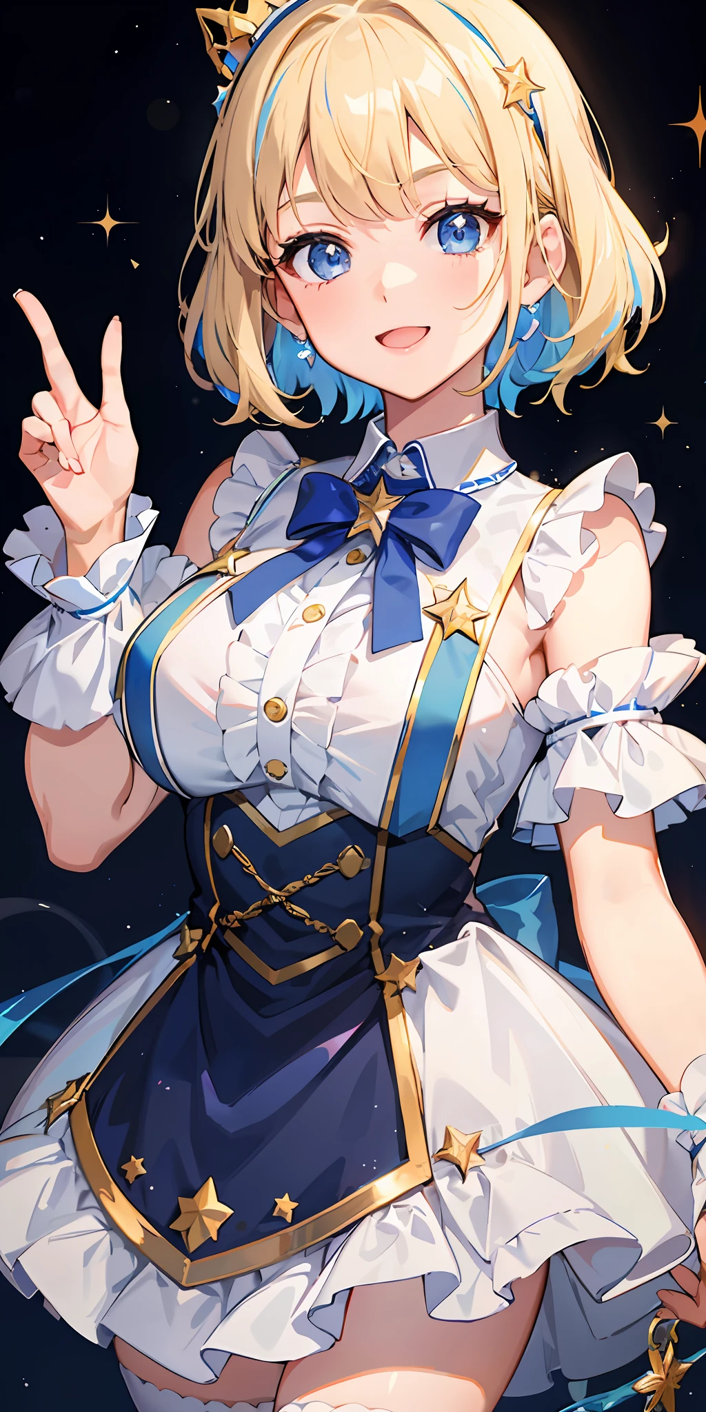 1girl, bright, blonde, light blue eyes, heart motif, star, moon, short hair, uniform bangs, multicolored hair, princess, saleme, side lights, light particles, wallpaper, big, plump, idol, idol costume, cute costume, fabulous outfit, dress, loose, fluffy, smile, gentle, clear,