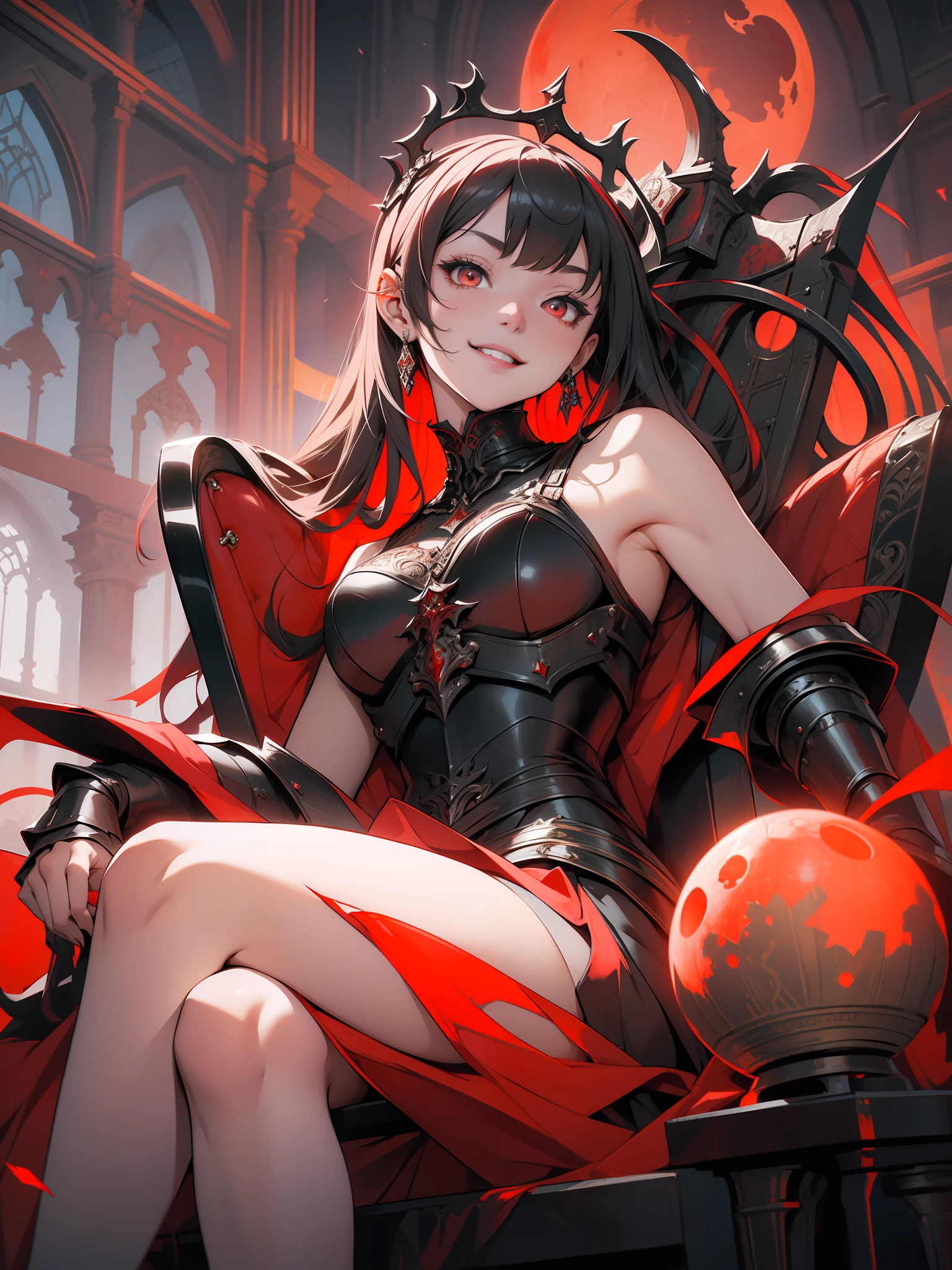 masterpiece, highly detailed, high quality, delicate bloody throne, huge red moon, 1girl, evil, playful, smile, dynamic angle, lying on throne, legs on armrest, mystical, fanatic, intricate, surreal, delicate, wearing armored gothic dress, cinematic lighting