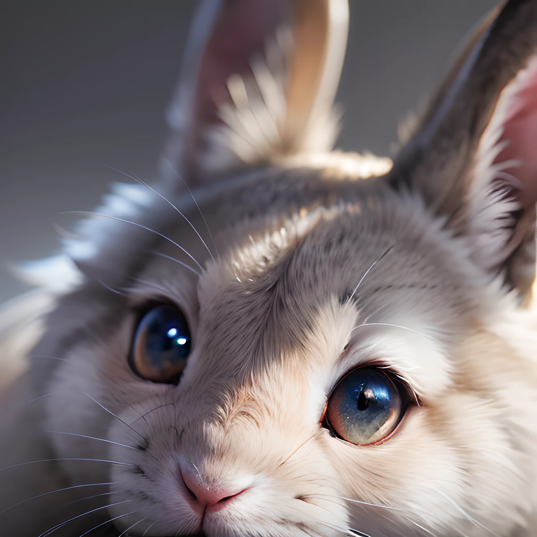 rabbit, masterpiece, best quality, 8k, absurdres, ultra realistic, highres, photography, film grain, chromatic aberration, sharp focus, HDR, facelight, dynamic lighting, cinematic lighting, professional shadow, simple background, (grey background:1.4), highest detailed, extreme detailed, ultra detailed, finely detail, (sharp pupils, realistic pupils:0.8)