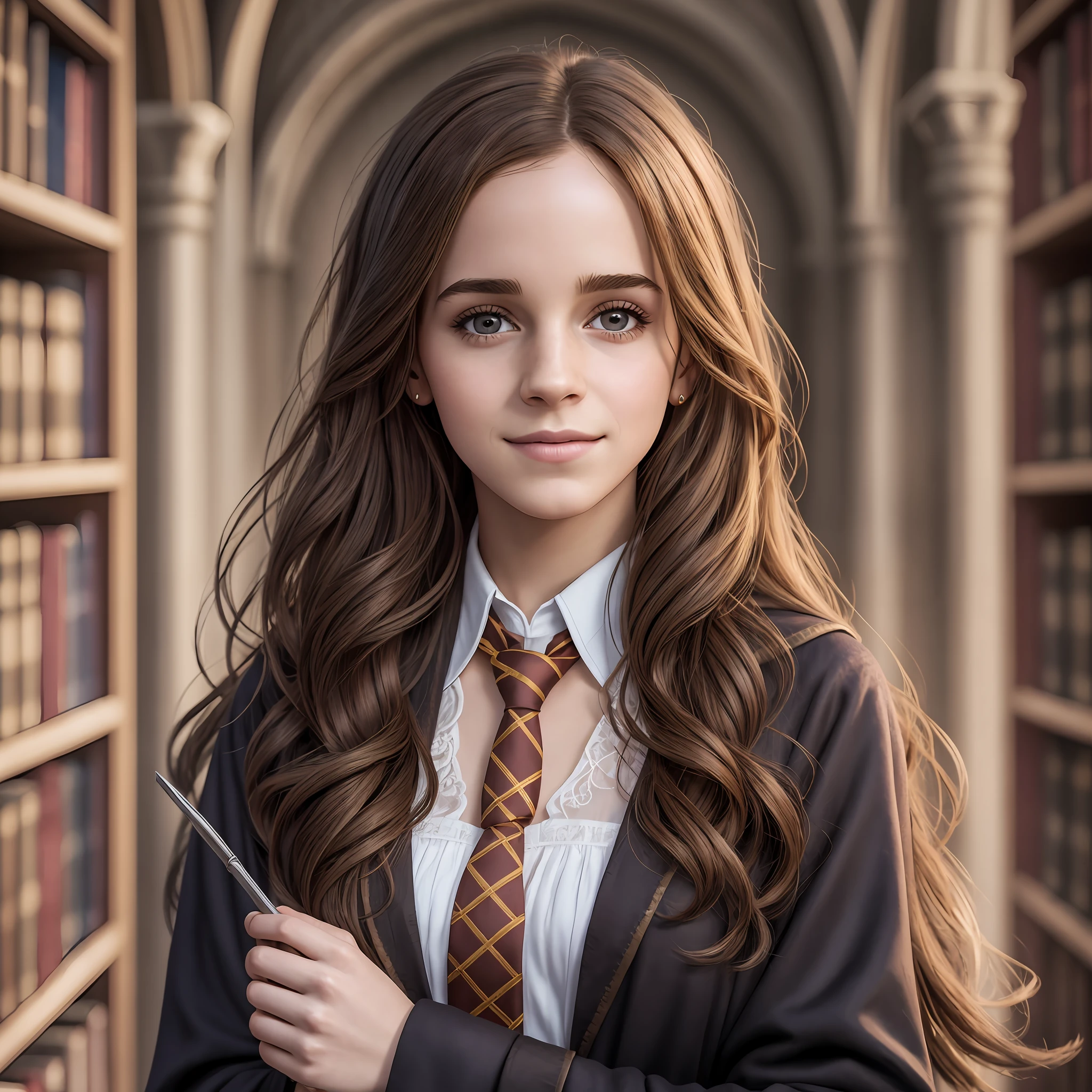 Hermione Granger sexy masterpiece, RAW, analog, Nikon Z 85mm, award winning glamour photograph, highres, photorealistic, real, extremely high quality RAW photograph, detailed background, intricate, (perfect lighting:1.1), cinematic lighting, emma watson, (CHAR-EmmaWatson:0.7),  1girl, solo, portrait, looking at viewer, smile, upper body, focus on face, brown eyes, smile, facing viewer,  hogsks, gryffindor, black robe, medieval, gothic architecture, dof, necktie, library, --auto --s2