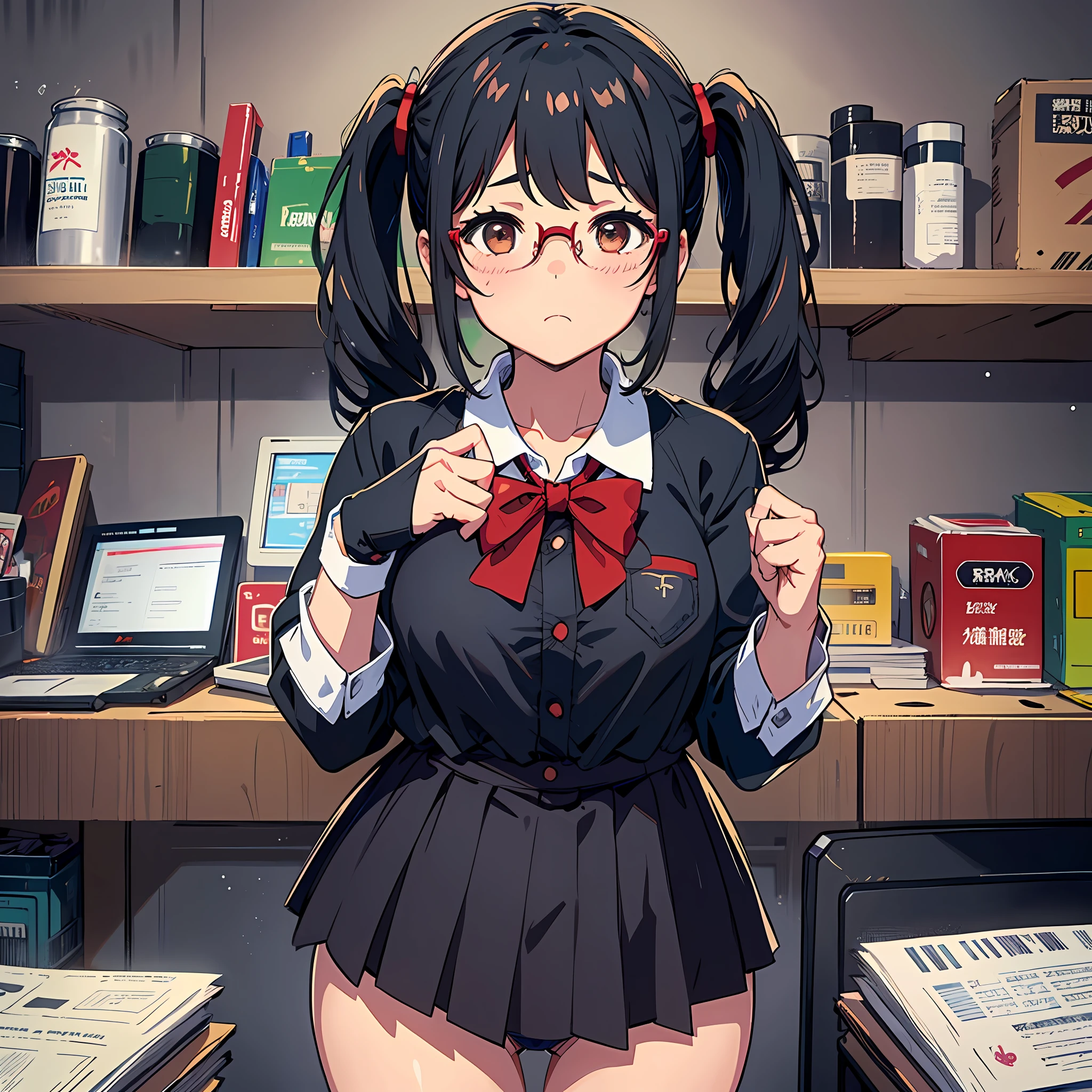  sister, dimly lit warehouse, girl in trouble, 16 yeaol uniform, big breasts, black hair pigtails, patsun, black hair, brooding, glasses, chubby,, red cheeks, I love my brother, take off school uniform to show off breasts, cute underwear, only two, simple underwear