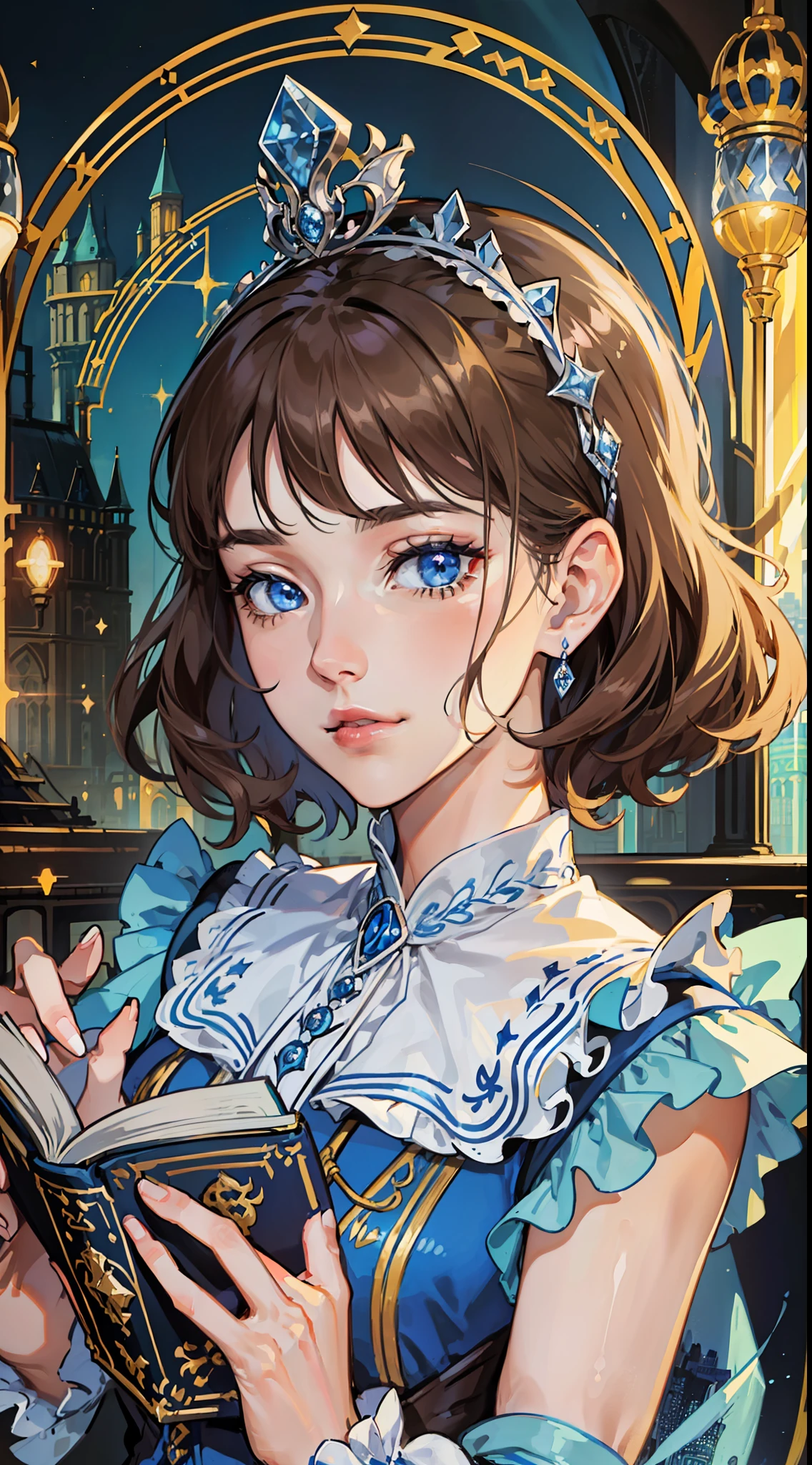 kk, best quality, more details, masterpiece, 1 girl, portrait, female focus, blue eyes like diamonds, solo, bangs, look at the viewer, frilly shirt, short hair, (((fantasy city, palace))), highlights, holding a magic spell book, brown hair, wavy, luxurious, 8k, detailed, ray tracing, depth of field, cinematic lighting,