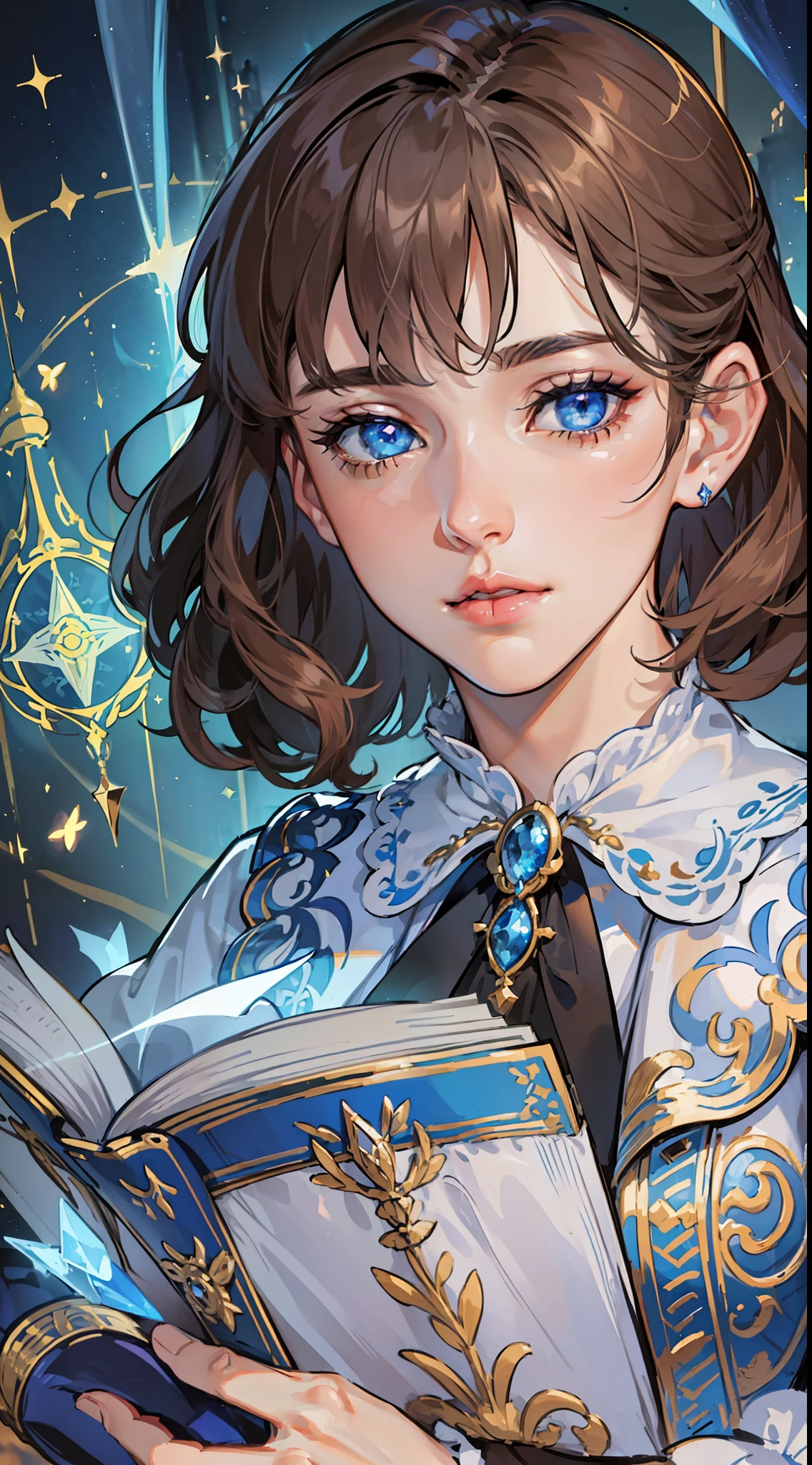 kk, best quality, more details, masterpiece, 1 girl, portrait, female focus, blue eyes like diamonds, solo, bangs, look at the viewer, frilly shirt, short hair, (((fantasy city, palace))), highlights, holding a magic spell book, brown hair, wavy, luxurious, 8k, detailed, ray tracing, depth of field, cinematic lighting,