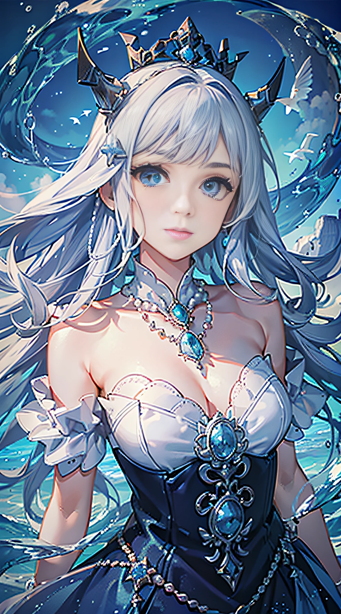 ((Best picture quality, best, girl), (dress, white crown, necklace, pearls, accessories AND intricate details strapless), (one person, ocean, waves, sea, fish, boat#on board), ((blue Color: 1.3, sea blue, long hair, blue eyes): 1.2), headgear: 1.2, neon mystery, fantasy: 0.8, [movie lens, strong light and shadow: 1.2, glow effect])]