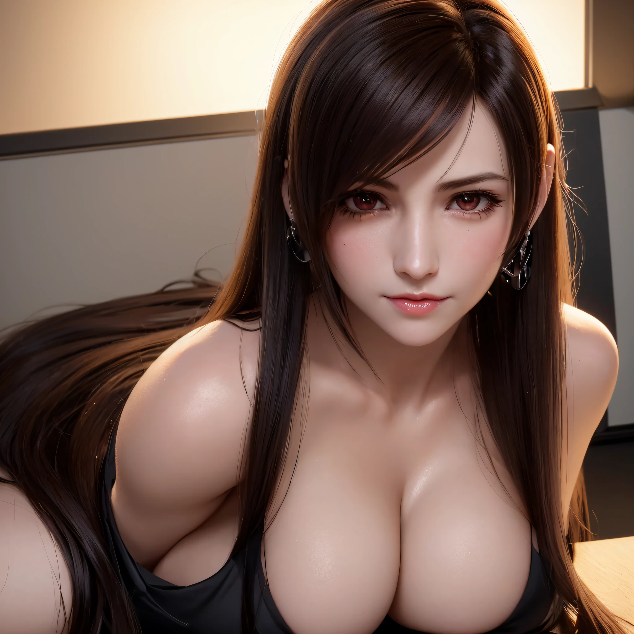 tifa, final fantasy 7 remake, (mature female), milf, shade of brown hair, a lot of sweat, masterpiece, ultra realistic 8k cg, very long hair, beautiful , , reddish brown eyes, (hard lights, hard shadow, key light, key lights), huge breasts, left only earpiece, stick earpiece, red earpiece, {one earpiece}, left earpiece, shiny skin, lace, lace trim, clean, beautiful face, pure face, pale skin, long hair, (huge breasts, beautiful breasts, ), shiny skin, skindentation, (((((office clothes, ))))),