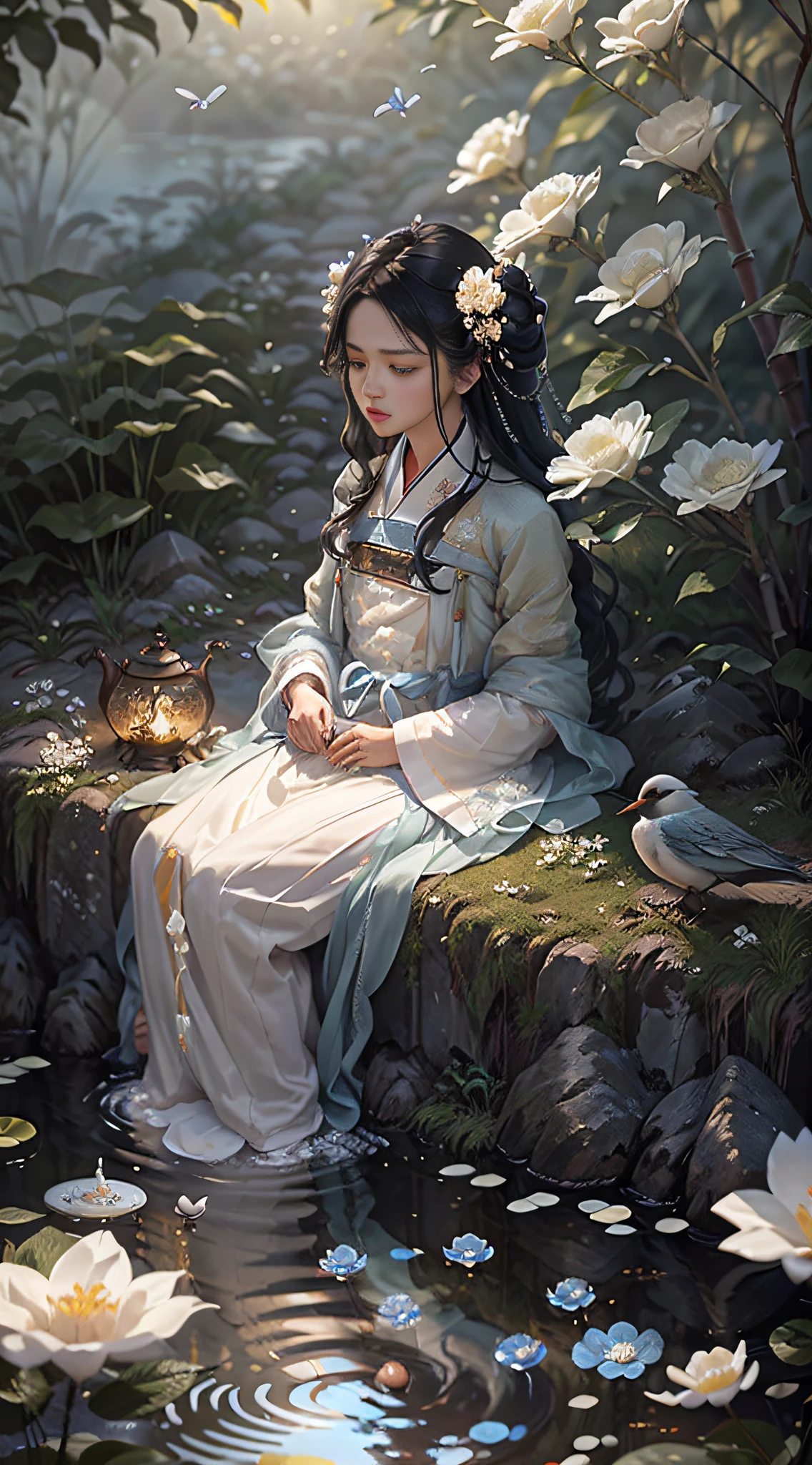 (Fidelity: 1.4), Best Quality, Masterpiece, Ultra High Resolution, Poster, Fantasy Art, Dynamic Lighting, Art Station, Poster, Volume Lighting, Very Detailed Faces, 4k Wallpaper, Award-Awarded, Chinese Style, A Woman, Side Face, Quiet, Sad, Blue Hanfu, Tulle Coat, Long Black Hair, Light Blue Fringed Hair Ornament, Hairpins, White Ribbons, White Flower Bushes, Large White Flowers, Light Blue Small Flowers, Light Blue Butterflies Flying, Ancient Chinese Garden, Sitting by the Pond, Carp in the Water, Hazy Mist, background bamboo, small bamboo, birds flying, dramatic composition, movie lighting effects,