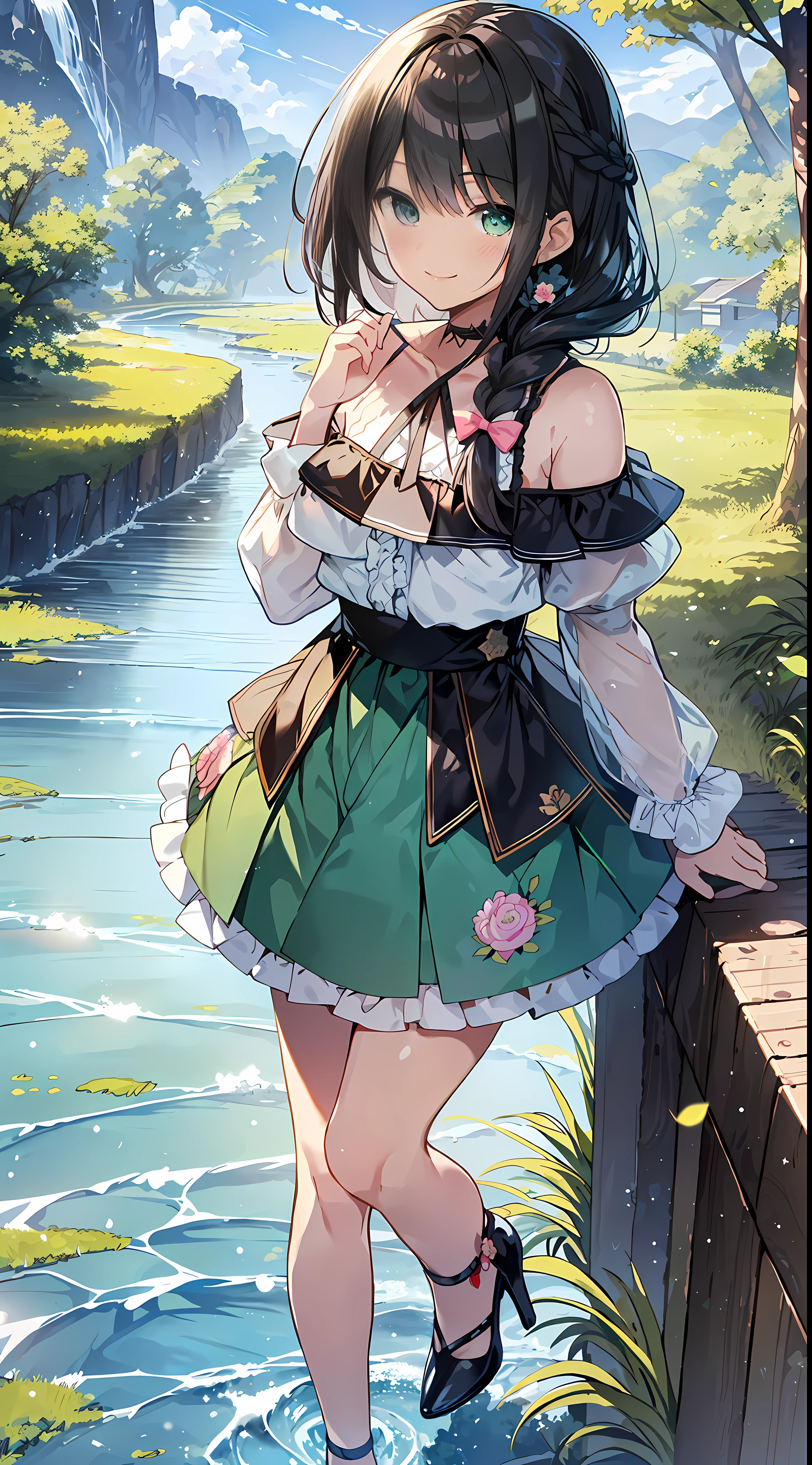 Top Quality, Masterpiece, Ultra High Definition, 8K, Summer Sky, Early Summer, (((Green Frill Tops, Green Skirts, High Heels)), Shojo Manga Style , One, Soft Line Art, Digital Enhancement, Shojo Manga Touch, Shojo Manga Core, Flowing Fabric, Close Up, (Hair length and short braid to the shoulders)), wet hair, staring at us from the front, soft drawing, Beautiful black hair, clear eyes, ((teasing smile)), ultra-detailed digital anime art, clear face depiction, ultra-detailed shojo manga character art, ultra-detailed manga style, top quality colors, hand gestures, landscape with nature, looking up at the sky, angle that can see up to your feet