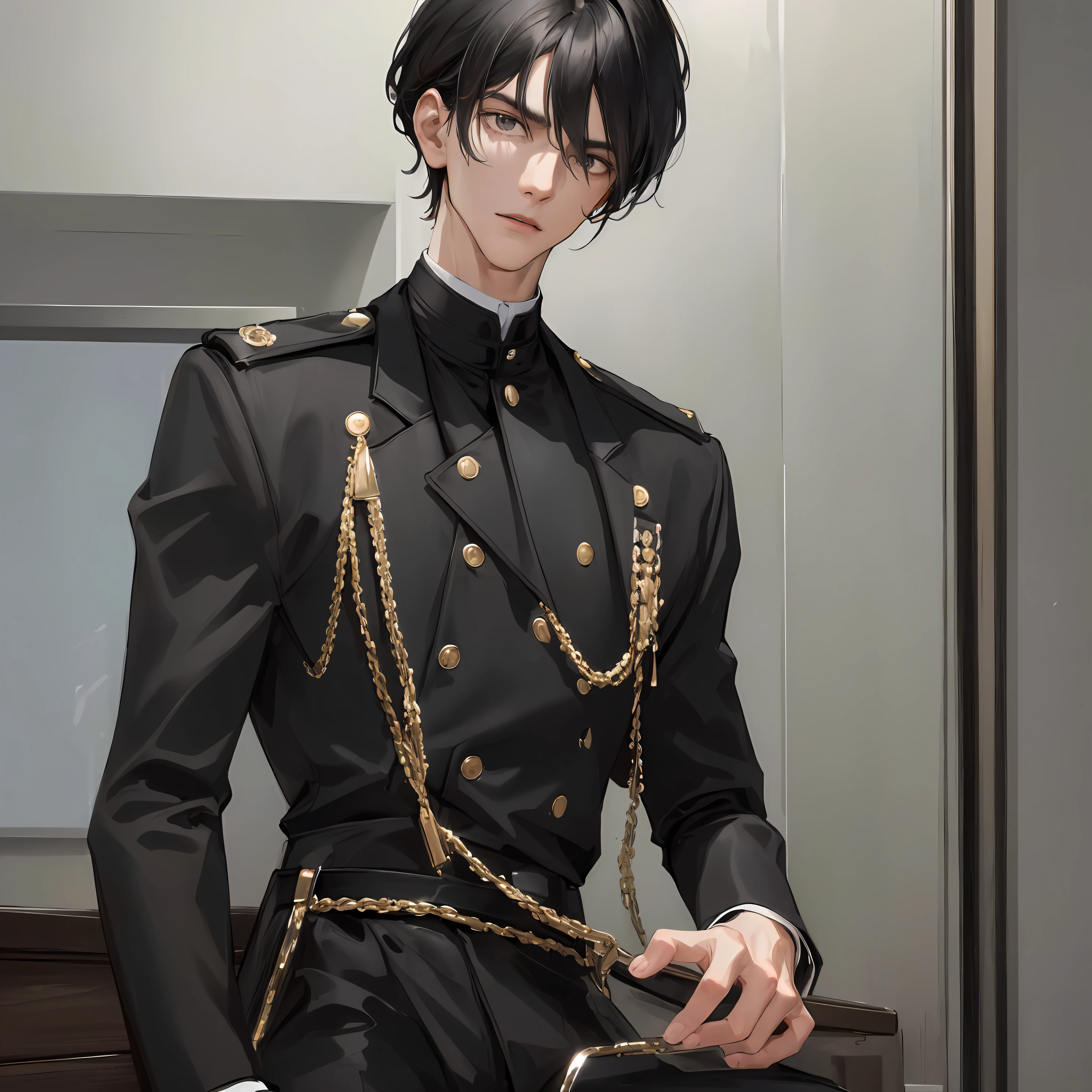 (highest resolution, distinct_image) best quality, a man, masterpiece, highly detailed, semi-realistic, short black hair, black hair, bangs, 18 years old, mature, young, tall and strong, black clothes, black uniform, suit, interior background, cold, serious, cold, handsome, authoritative, powerful, close-up,