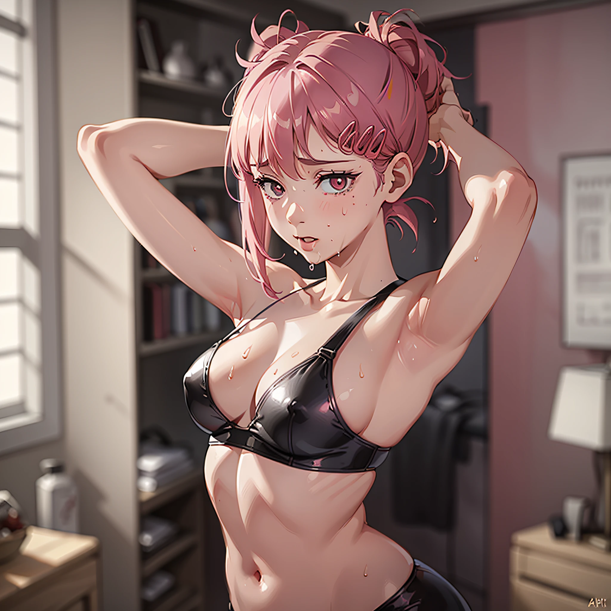 realistic, 1girl, pink hair, eyes scurrilous, bikini, arms up, armpit, latex, detailed image, proportional body, small breasts, highres, (red and swollen eyes, furrowed eyebrows, red nose, wet cheeks, mouth between open), 4k, 8k, anime, face set, soft lighting, eyes with eyeliner, make up, in the bedroom,
