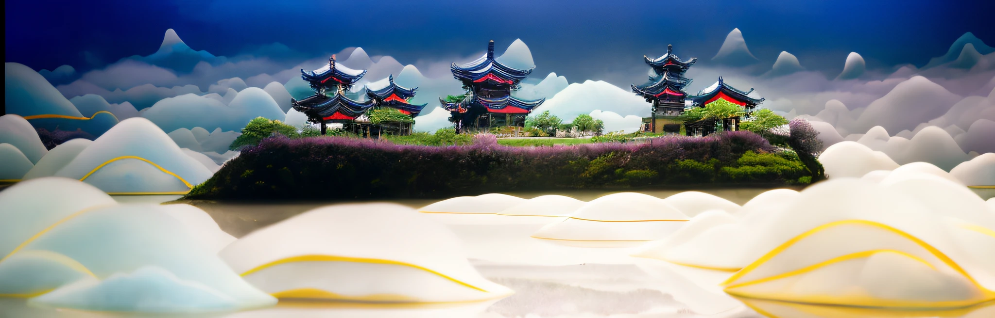 8,000-year-old theistic vitality style Asian dwellings, ethereal cherry blossom trees, mountain peaks, lying in a white cloud wonderland, liquid clouds, emitting spore clouds, surreal water art, badly damaged walls, glowing flower-shaped clouds, slimy reflections, photos taken with Sony A7R camera, clear focus on the landscape,
