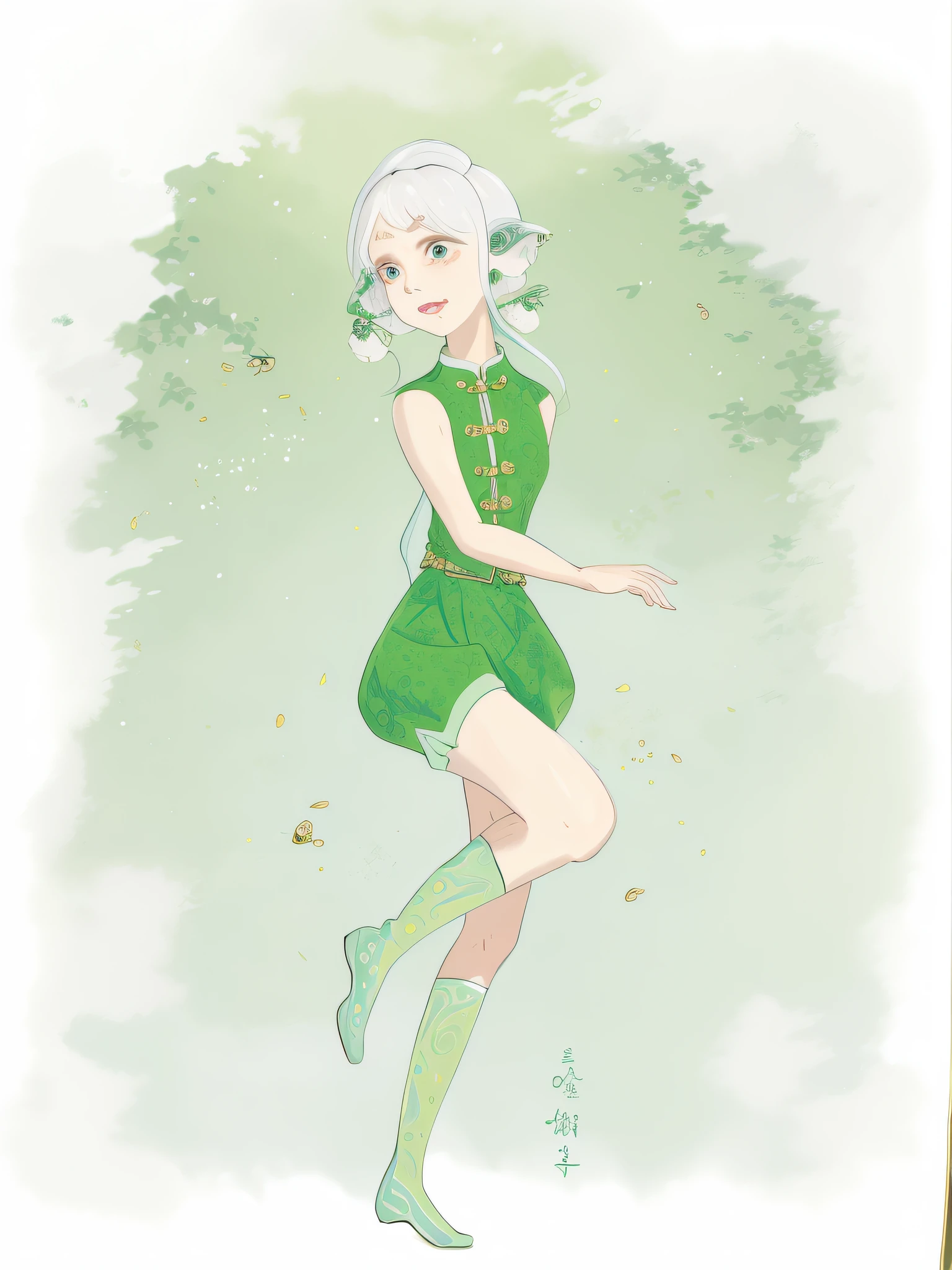 Painting of a woman in a green dress and green boots, color sketch, inspired by Gao Qipei, full-color sketch, inspired by Gage, high quality color sketch, inspired by Gao Xiang, short film of full-body portrait! , inspired by Dai Xi, color sketch, inspired by Ren Xiong, cel shadow!!!, loli in dress, inspired by Wen Jia, white hair!
