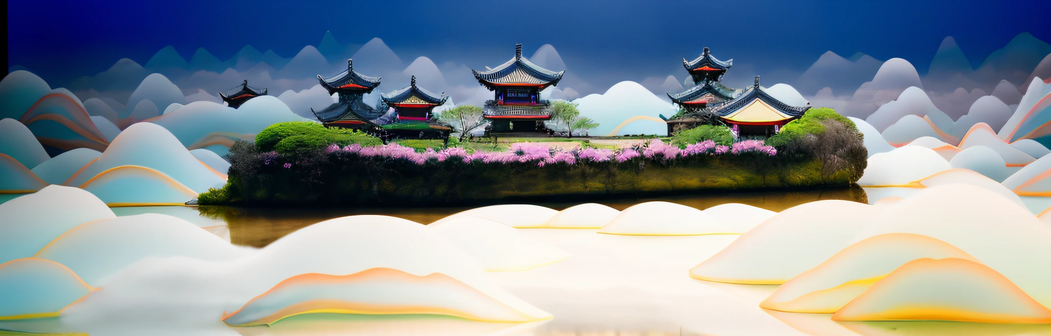 8,000-year-old theistic vitality style Asian dwellings, ethereal cherry blossom trees, mountain peaks, lying in a white cloud wonderland, liquid clouds, emitting spore clouds, surreal water art, badly damaged walls, glowing flower-shaped clouds, slimy reflections, photos taken with Sony A7R camera, clear focus on the landscape,