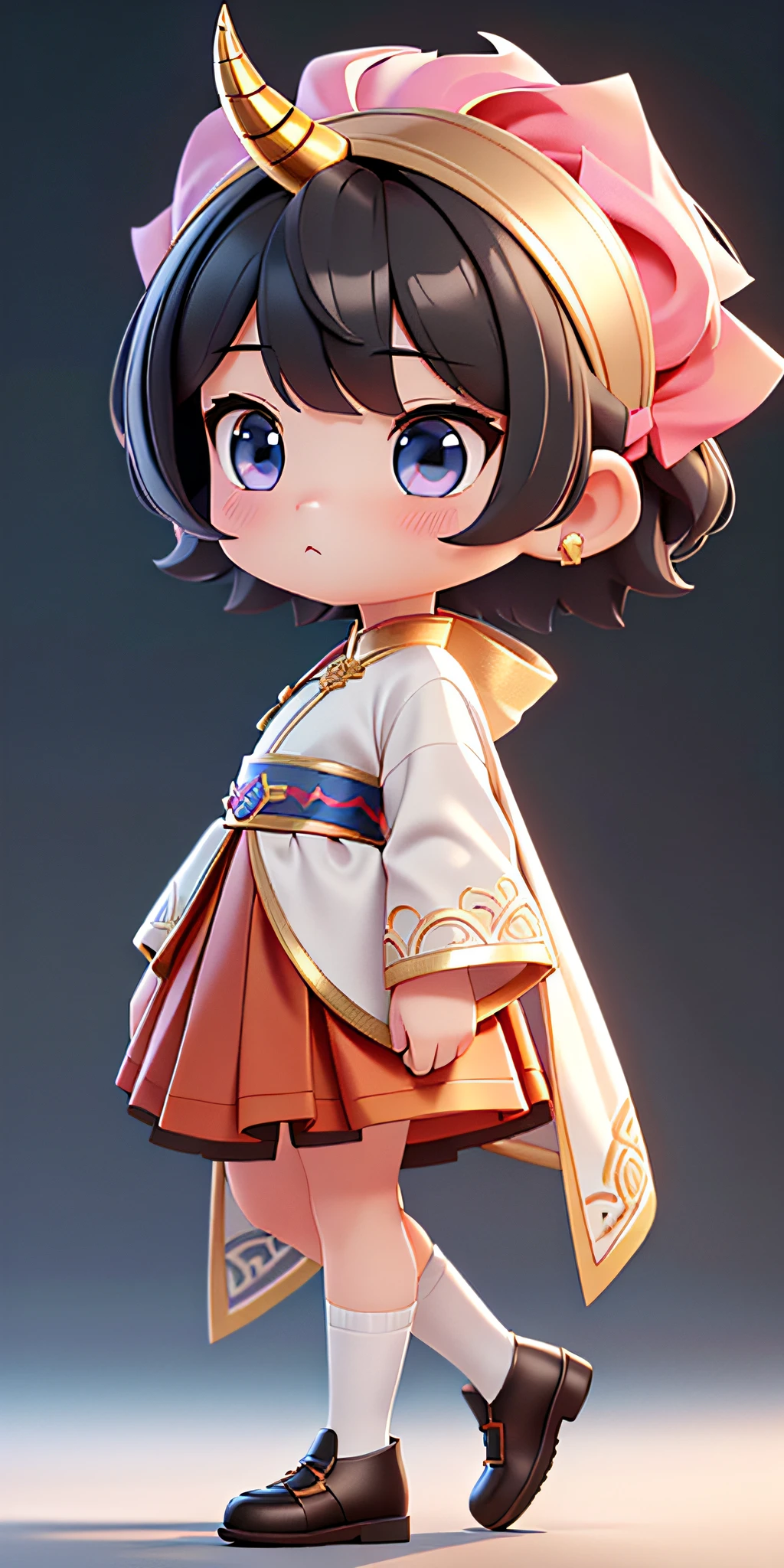 (Masterpiece: 1.3), (Best Quality: 1.3), (Masterpiece: 1.3), (Best Quality: 1.3), (8k wallpaper), (Ultra High Resolution), Full Body, (Bicephal: 2), (Natural Skin Texture), (Beautiful and Beautiful), (Very Detailed CG, Intricate Details), Simple Background, (White Background: 1.5), .pixar, 3D, C4D, blender, 1 Girl, Cute, (Short Hair: 1.2), Gradient Hair, Solo, Chibi, Hair Accessories, Chibi, Yelandorf, (Horn: 1.5), (Double Horn: 1.2), (Chinese style: 1.5), Hanfu, red clothes, horse face skirt, gold decoration.