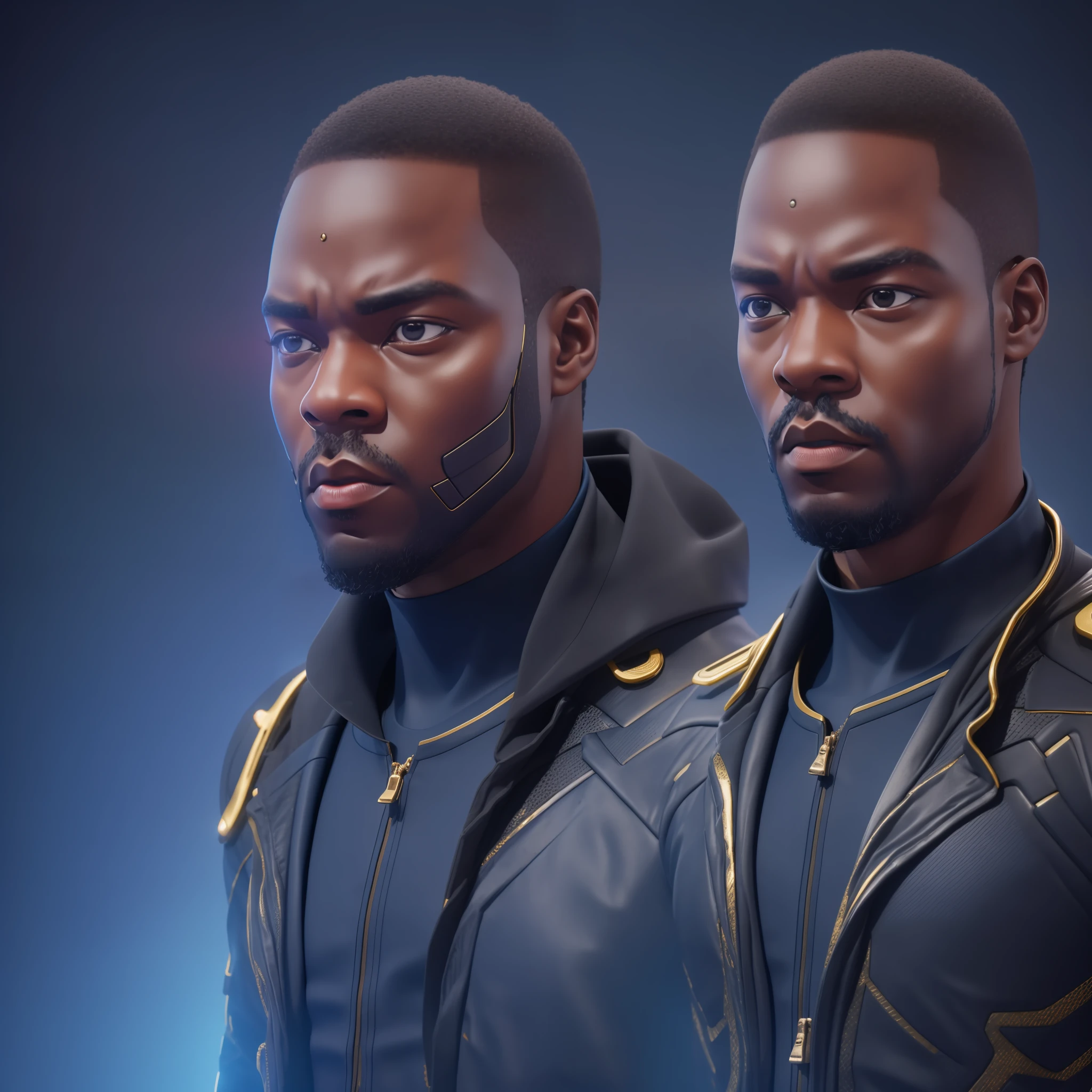 Create a close-up image of a Herman man, as a superhero in black panther style, dark blue and gold suit, partial face mask, fading low hairstyle, mulatto skin tone, perfect proportion, Cyberpunk Edgerunner style, standing on the beach while light rain, waves, distant vision, 8K image quality, brightness, delicate image, 3d, cgi