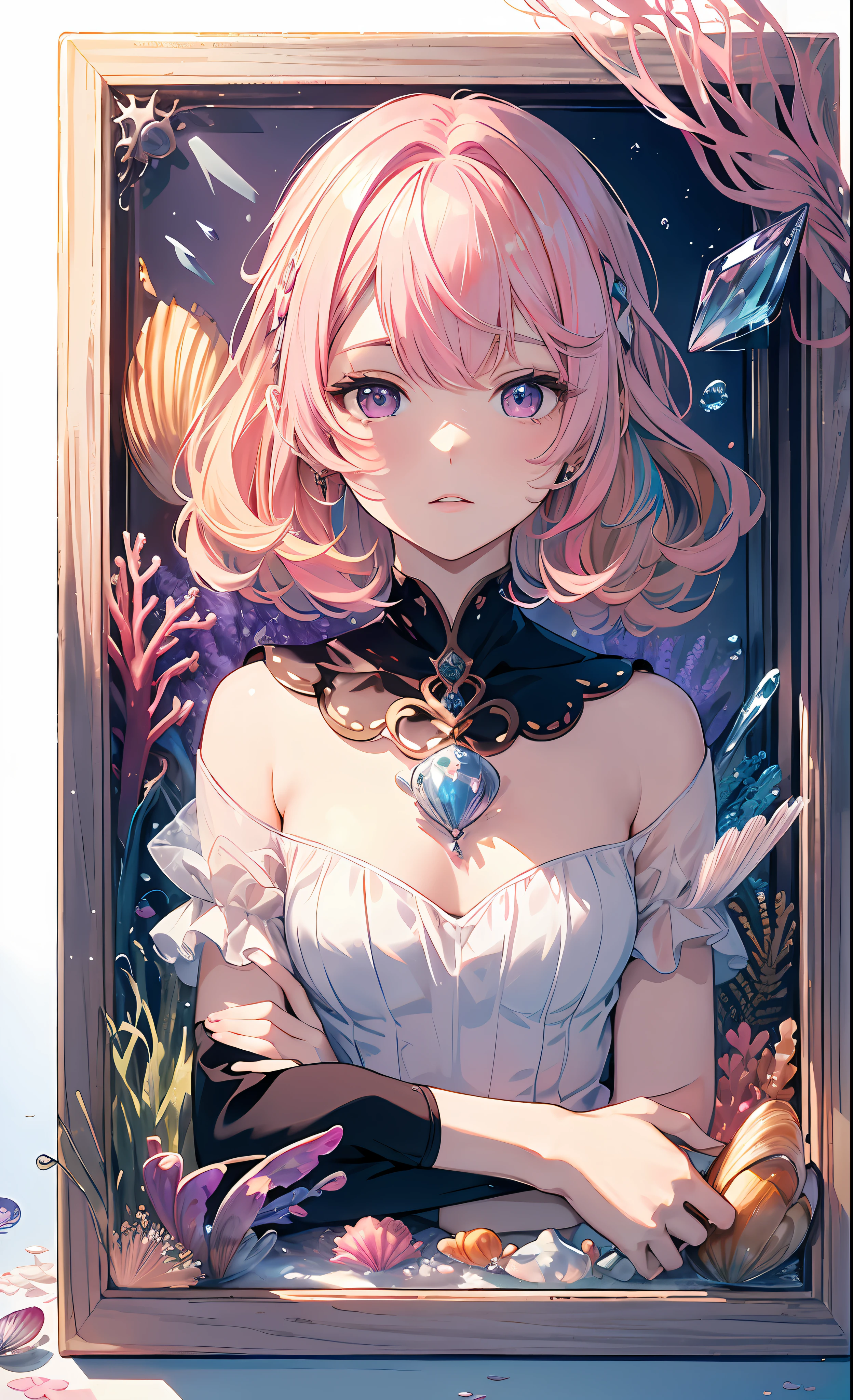 (Masterpiece, Top Quality, Best Quality, Official Art, Beautiful and Aesthetic: 1.2), (White Wood Box resembles glass case, with Under the Sea image),sitting cute girl with (((Blonde and Pink Hair), Purple Clear Eyes,Layered Bob)), on the (crystal shellfish:1.2)