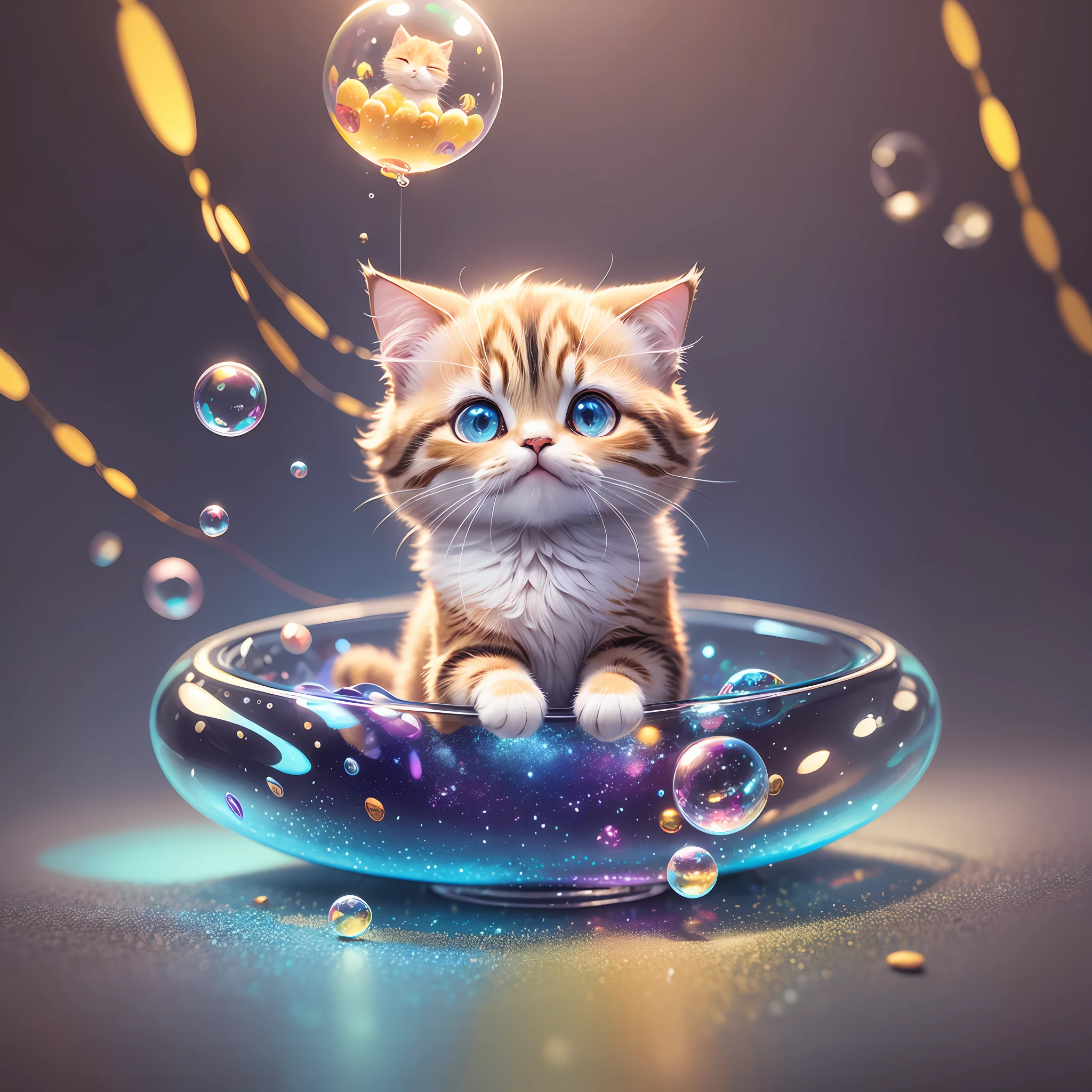 Studio setting with chibi and hyperrealistic style, white background, soap bubbles in the air, colored lights, high saturation of colors, with a cute cat, in a magical and fantastic style --auto --s2