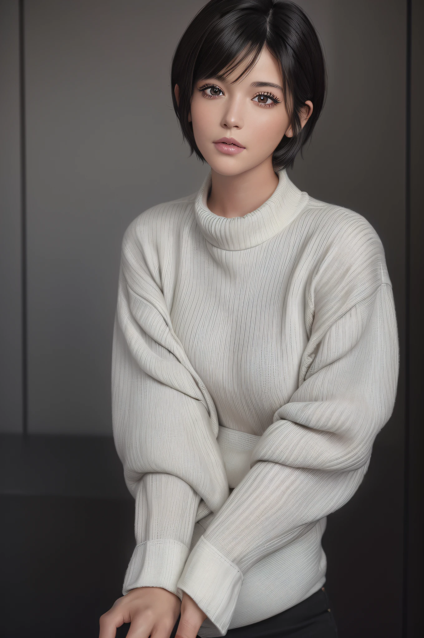 (masterpiece:1.3), (8k, photorealistic, RAW photo, best quality: 1.4), (1girl), beautiful face, (realistic face), (black hair, short hair:1.3), beautiful hairstyle, realistic eyes, beautiful detailed eyes, (realistic skin), beautiful skin, (sweater), absurdres, attractive, ultra high res, ultra realistic, highly detailed, golden ratio