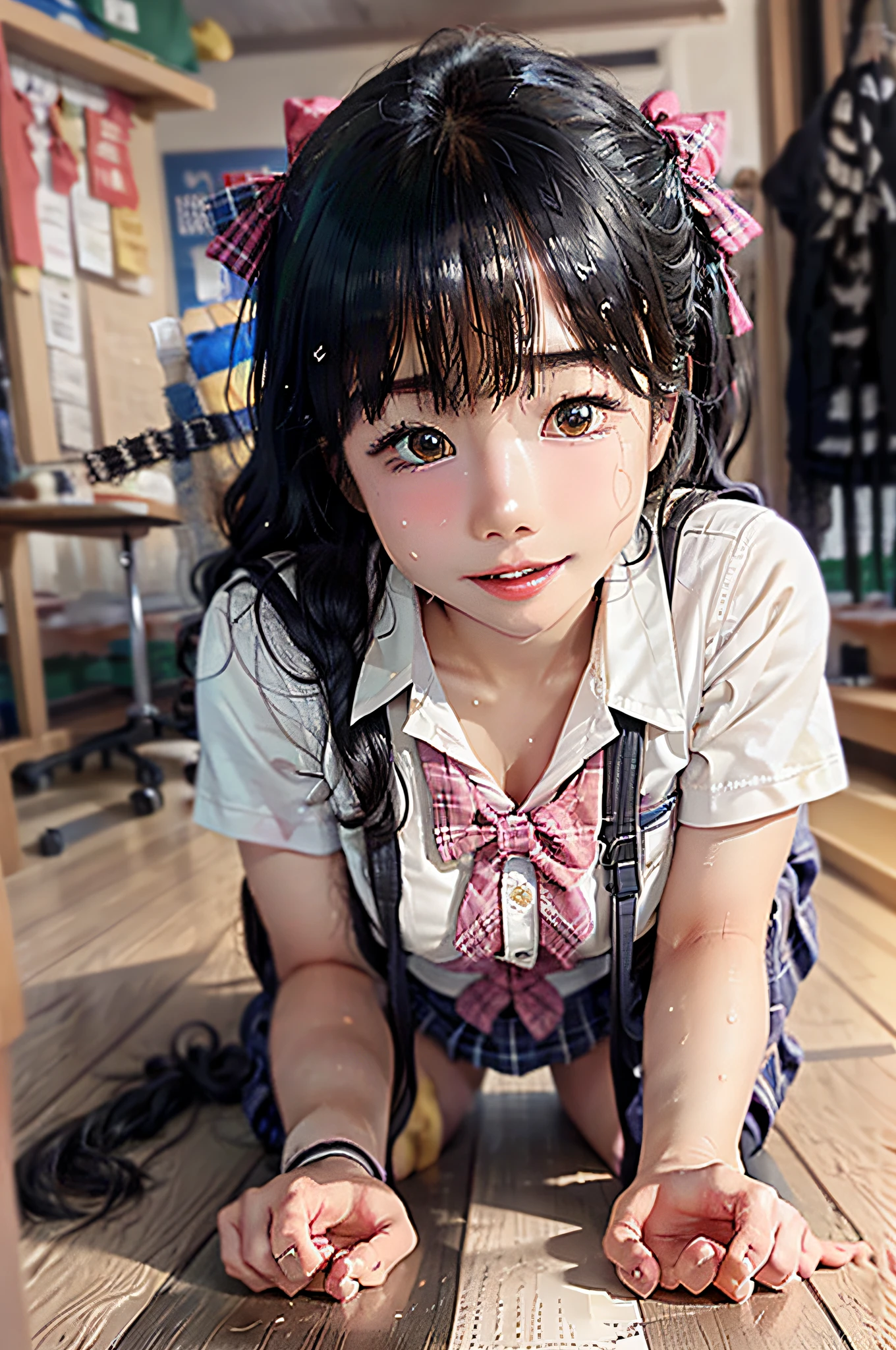 (Masterpiece, best quality: 1.2), surrealist schoolgirl, solo, 1 girl, Yukino Koshita, (shiny skin, wet skin: 1.2), sweating, smiling slightly, looking at the audience, on all fours, school uniform, white shirt, plaid skirt, thighs, afternoon, classroom surreal schoolgirl, wet, pink underwear, real photo style