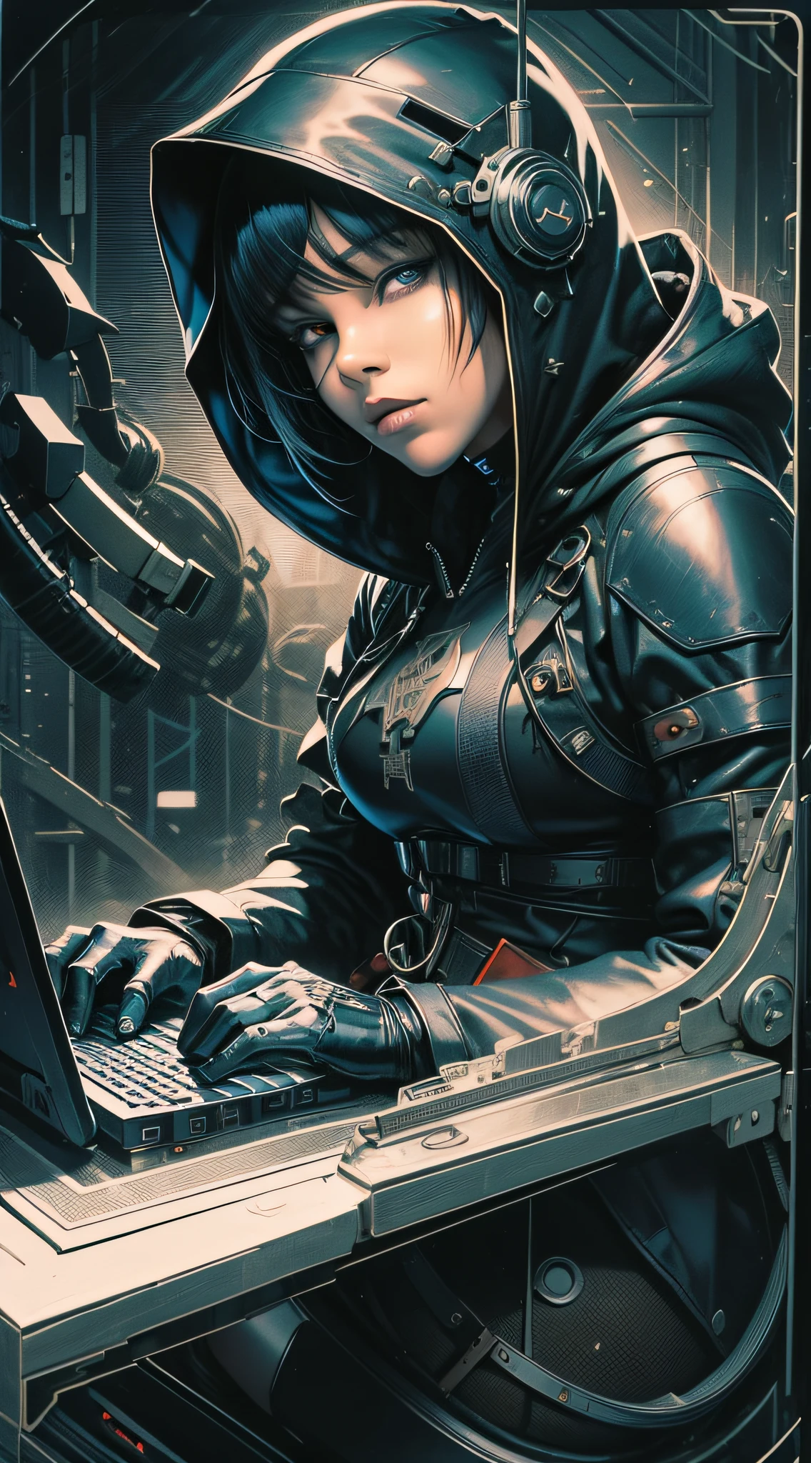 Hacker with hood on head,blue left eye,brown right eye,medium black hair with red bangs,fat body,black face,face in shadows,black latex clothing,sitting on a computer chair,metal crown,dark scenery,hand drawing,illustration,art nouveau,tarot cards