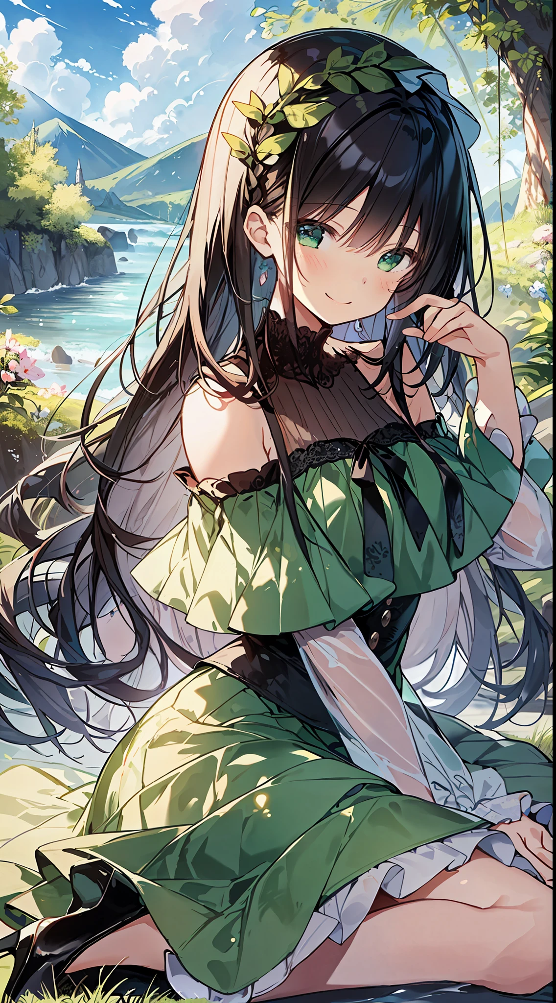 Top Quality, Masterpiece, Ultra High Definition, 8K, Summer Sky, Early Summer, (((Green Frill Tops, Green Long Skirts, High Heels)), Shojo Manga Style Loli, One, Soft Line Art, Digital Enhancement, Shoujo Manga Touch, Shojo Manga Core, Flowing Fabric, Close Up, (Hair length and short braid to the shoulders)), wet hair, staring at us from the front, soft drawing, beautiful black hair, clear eyes, (teasing smile)), ultra-detailed digital anime art, clear face depiction, ultra-detailed shoujo manga character art, ultra-detailed manga style, top quality colors, hand gestures, landscape with nature, looking up at the sky, angle that can see up to your feet