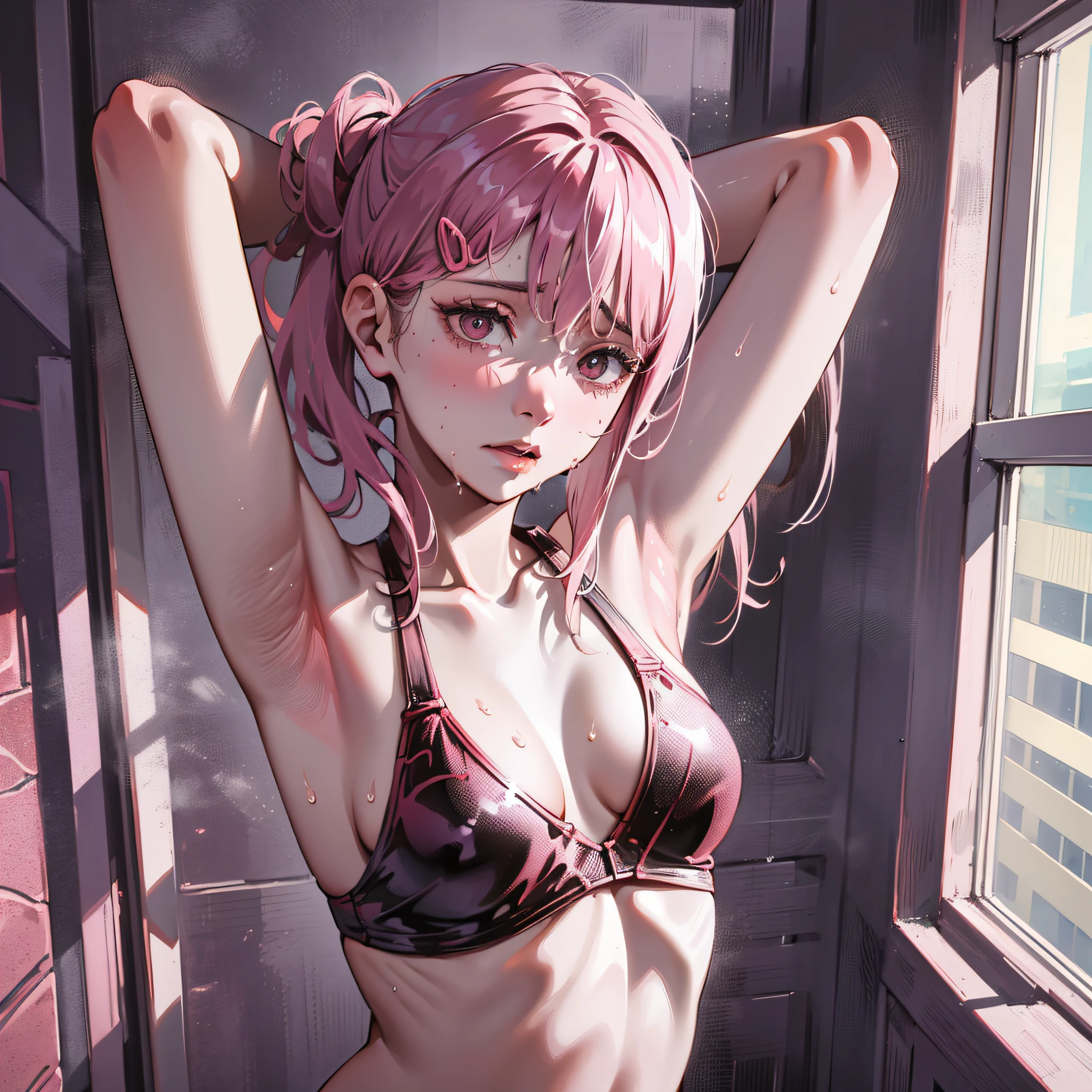 realistic, 1girl, pink hair, eyes scurrilous, bikini, arms up, armpit, latex, detailed image, proportional body, small breasts, highres, (red and swollen eyes, furrowed eyebrows, red nose, wet cheeks, mouth between open), 4k, 8k, anime, face set, soft lighting, eyes with eyeliner, make up, in the bedroom,