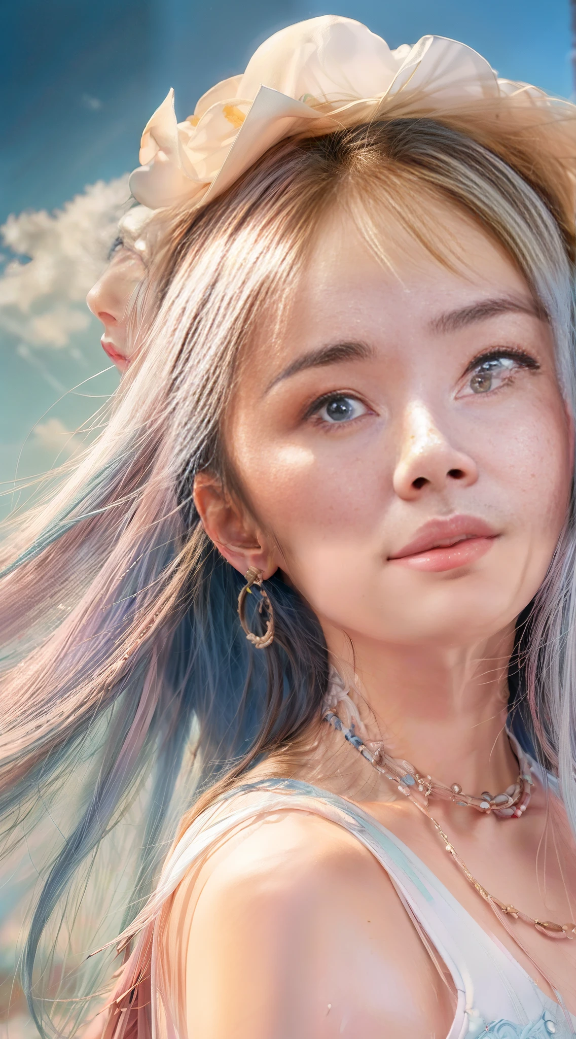 Light pink and light sky blue style, (masterpiece), (best image quality: 1.5), super high resolution, original photo, detailed skin, beautiful lighting, (realistic, realistic: 1.4), 1girl, dunhuang, half, blue sky, white clouds, (dunhuang_cloths:0.7)