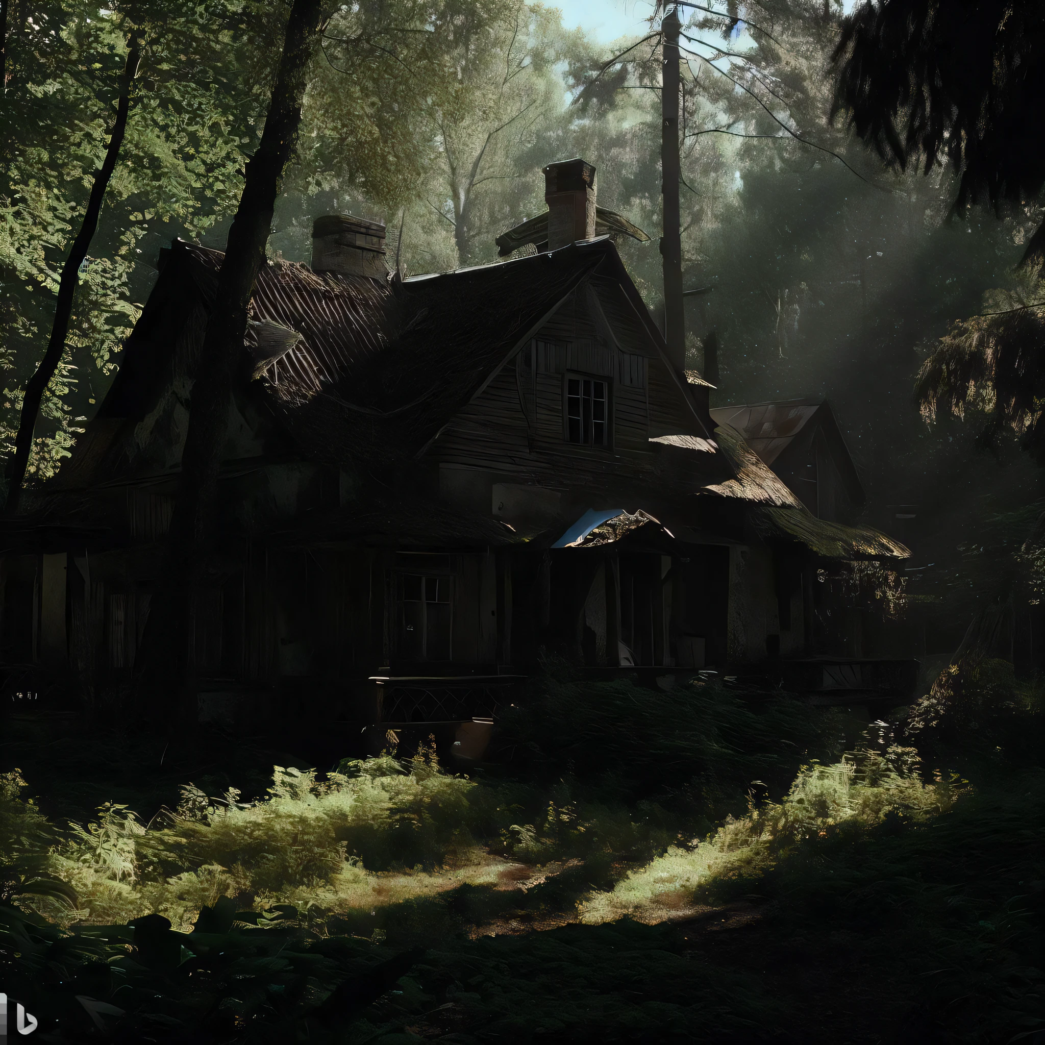 there is a house in the woods with a horse in the yard, photorealistic dark concept art, forgotten and lost in the forest, the house in the forest, highly realistic concept art, inspired by senior environment artist, abandoned, photorrealistic concept art, eerie nostalgic concept art, abandoned house, rendered in cryengine, an abandoned old