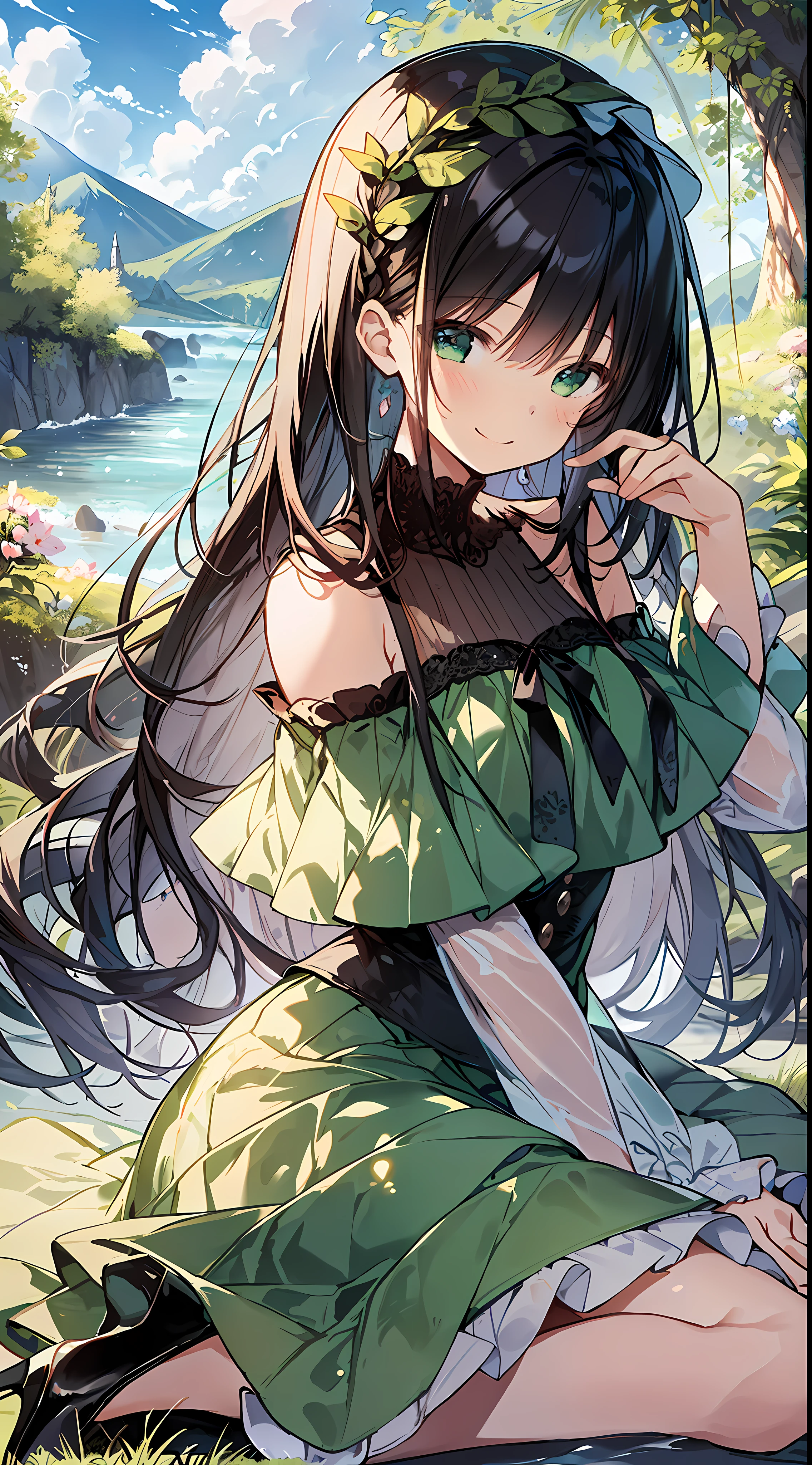 Top Quality, Masterpiece, Ultra High Definition, 8K, Summer Sky, Early Summer, (((Green Frill Tops, Green Long Skirts, High Heels)), Shojo Manga Style , One, Soft Line Art, Digital Enhancement, Shoujo Manga Touch, Shojo Manga Core, Flowing Fabric, Close Up, (Hair length and short braid to the shoulders)), wet hair, staring at us from the front, soft drawing, beautiful black hair, clear eyes, (teasing smile)), ultra-detailed digital anime art, clear face depiction, ultra-detailed shoujo manga character art, ultra-detailed manga style, top quality colors, hand gestures, landscape with nature, looking up at the sky, angle that can see up to your feet