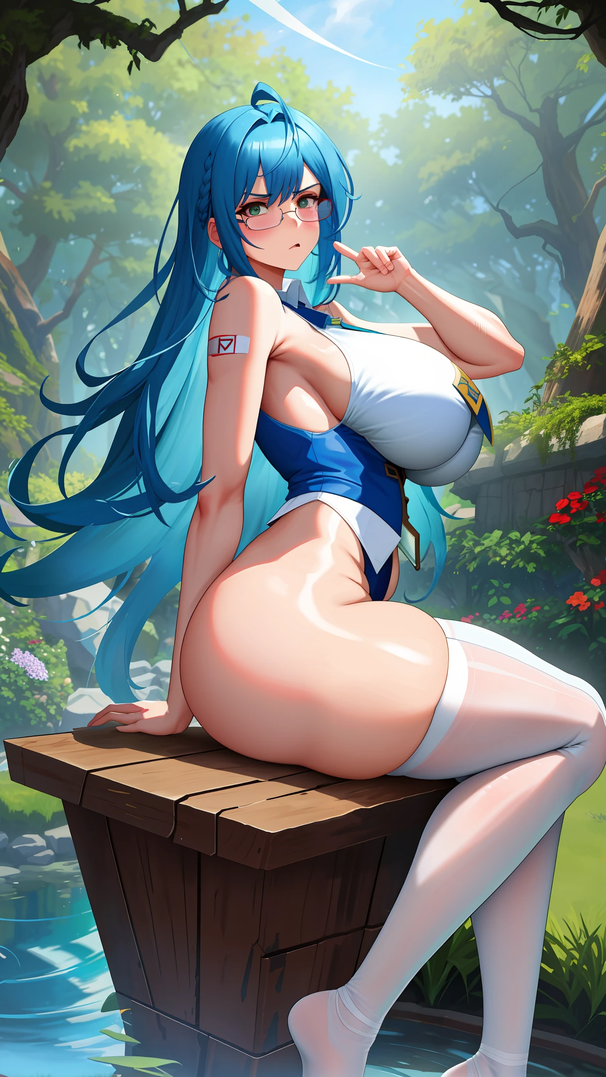 Two-dimensional, nude, band-aid, white stockings, big breasts, buttocks, vest line, blue hair, front, forked waist, angry, bulging cheeks, garden face, pure, round glasses, forest, pond,