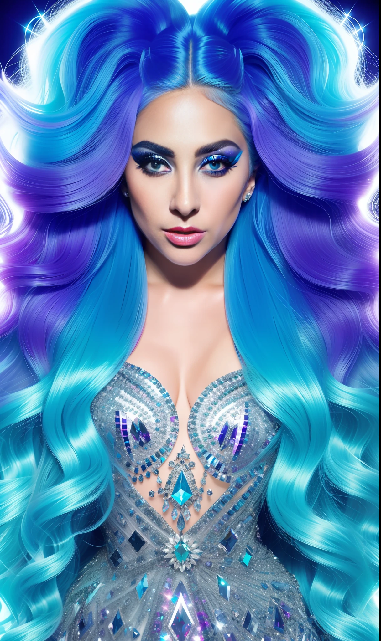 Photo of Lady GaGa 4K texture, crystal dress,jewelry and diamonds,neon,extravagant hair, 8k image, haute couture, flashes, high image quality,neon dress, realistic face, various body poses, full body, 8k image, sharp image,HD, blue glasses, HD face,galaxy background, realistic and detailed face