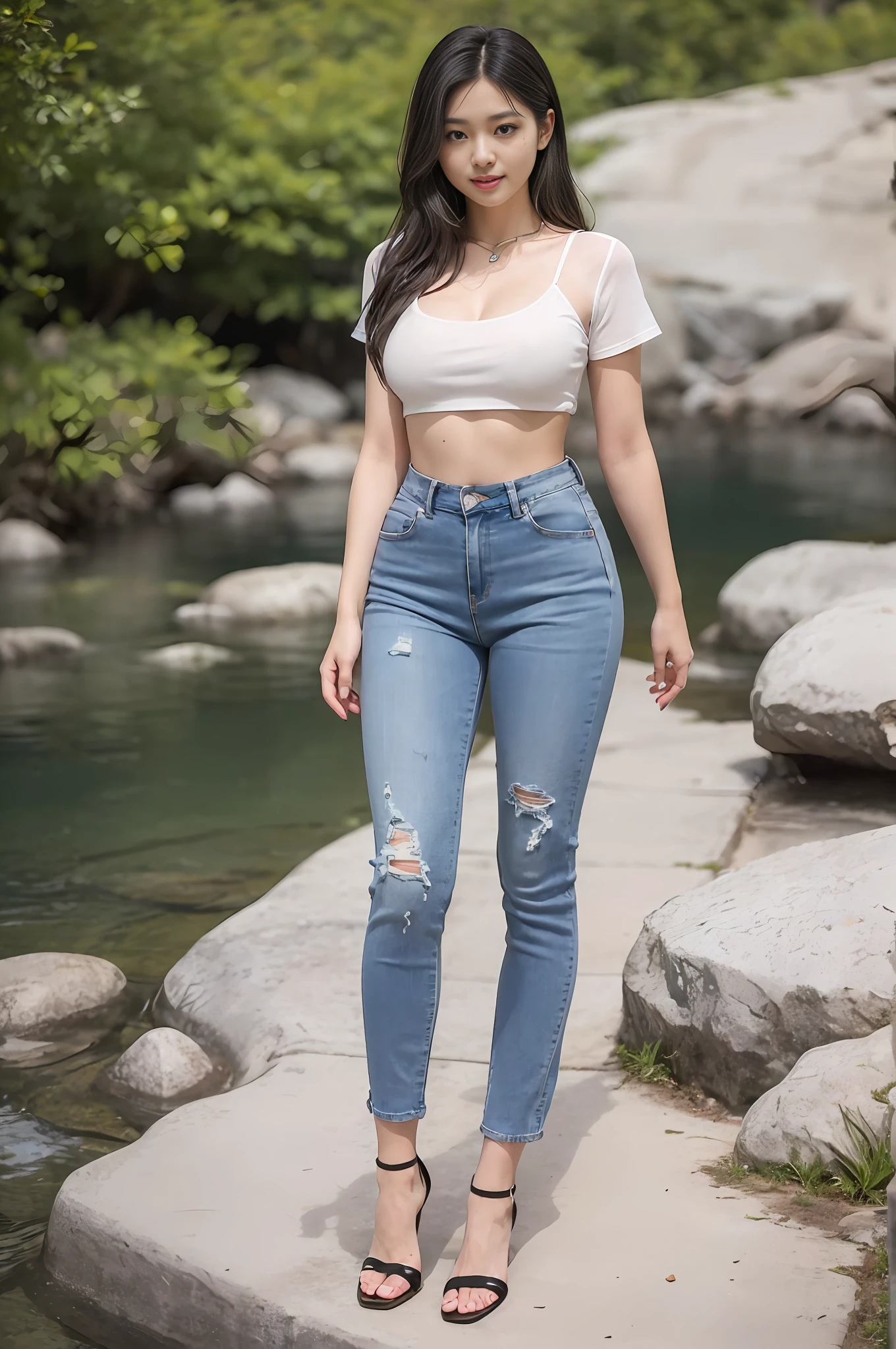Realistic, photorealistic, 16k HD, masterpiece: 1.5, focus: 1.5, Allard Asian woman in crop top tight long jeans and stylish sheer short sleeves, background: 1.5 (foot of the mountain, by the stream, dating), cute schoolgirl, slim and perfect figure, ( Stylish hairstyle: 1.5), Japanese 18 year old girl wearing long skinny jeans wearing ripped skinny long jeans (low rise crop top, micro-flared, trousers: 1.5), (ripped : 0.6), (branded jeans: 1.5, realistically detailed jeans texture and stripes: 0.8, realistic detailed jeans graininess: 0.8), wearing fashion sheer tight short sleeves (brand: 1.5, slim, realistic clothing texture: 1.5, sheer, revealing breasts and areola: 1.5), wearing stiletto sandals (delicate stiletto heels crystal band sandals, high quality: 1.2), surreal schoolgirl, dressed up as schoolgirl, surreal schoolgirl, realistic schoolgirl, walking, schoolgirl posing, model pose, dating, Shooting full body ((Full body: 1.8)), beautiful skin, glowing skin, slender slim beautiful thighs, perfect thighs, perfect calves, white and tender toes, beautiful breasts: 1.5, beautiful breasts: 1.5, beautiful buttocks: 1.5, best quality, white skin, real skin, (detailed face), goose egg face, pores, super high resolution, (8k, RAW photo, photorealistic:1.4), 1girl, slim, (smile, Baring teeth and tongue: 1.2, looking at the audience with a serene goddess-like look happiness: 1.2), ( lip gloss, eyelashes, glossy face, best quality, ultra-high resolution, wide lighting, natural shadows), ((fair pink toes: 1.5, stilet strap sandals: 1.5))), (return to the audience, shoot from the back, shoot the whole body (1.8)) --auto --s2