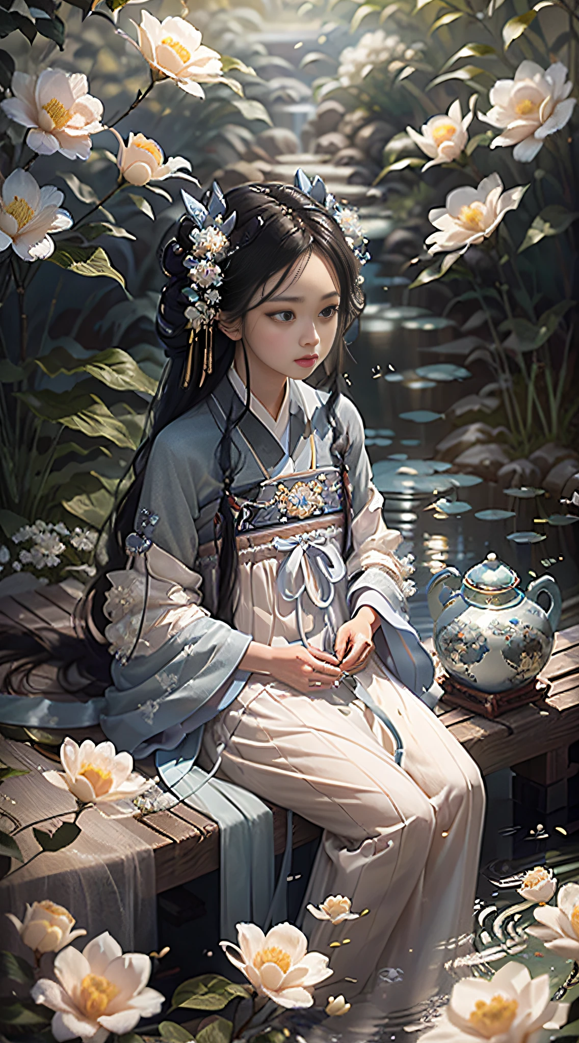 (Fidelity: 1.4), Best Quality, Masterpiece, Ultra High Resolution, Poster, Fantasy Art, Dynamic Lighting, Art Station, Poster, Volume Lighting, Very Detailed Faces, 4k Wallpaper, Award-Won, Chinese Style, A Woman, Clear Facial Features, Ultra Clear Eyes, Ultra Clear Nose, Super Clear Mouth, Side Face, Quiet, Sadness, Blue and Blue Hanfu, Tulle Coat, Long Black Hair, Light Blue Fringed Hair Ornament, Hairpins, White Ribbon, White Flower Bush, Large White Flowers, Light Blue Small Flowers, Light Blue Butterfly Flying, Ancient Chinese courtyard, sitting by the pond, carp in the water, hazy mist, bamboo in the background, small bamboo, birds flying, dramatic composition, movie light effects,