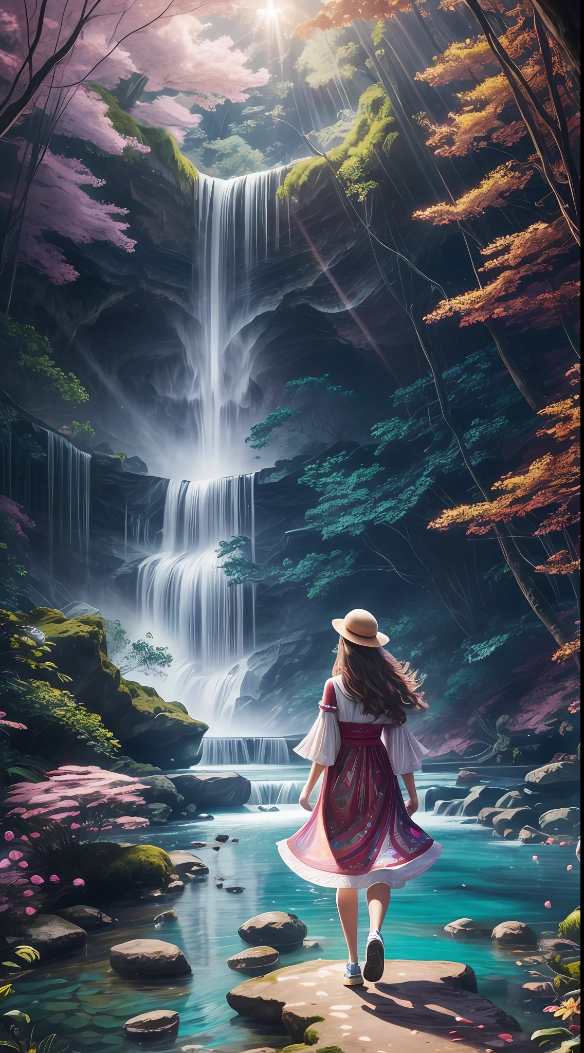 1girl, surreal beautiful young woman, wearing colorful dress, big waterfall, walking under the waterfall, back to the audience, ethereal beauty, full body, character ratio is only 1/8, lake surface, ((large grove)), Tyndall ray, realism, cinematic lighting, ray tracing, optical illusion, lens flare, 120mm, f/1.2, Sony FE GM, Ultra HD, Retina, Masterpiece, ((Best Quality)), ((Masterpiece)), (Very detailed: 1.3)