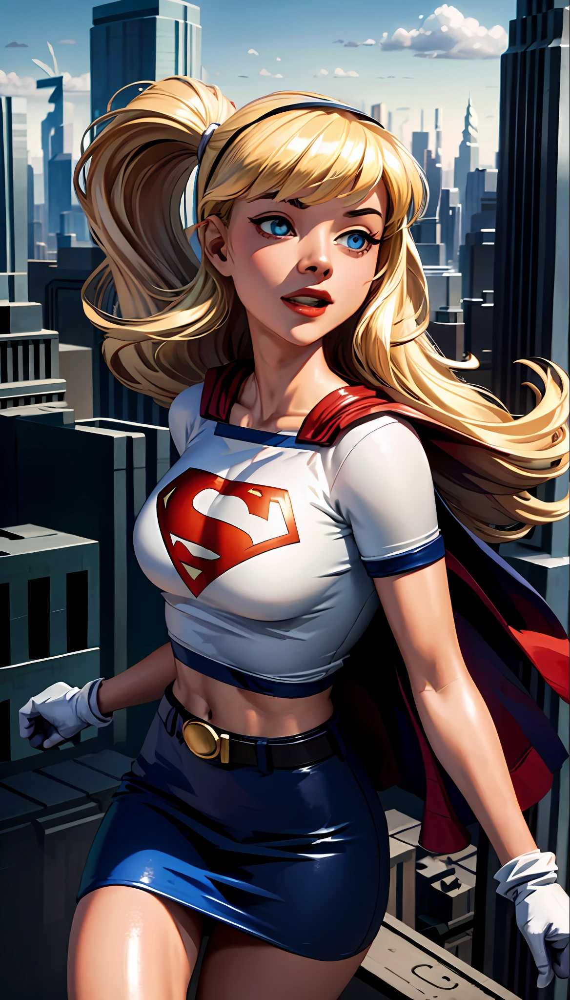 (cowboy shot), sfw, (masterpiece), (best quality:1.0), (ultra highres:1.0), detailed eyes,
BREAK
Supergirl, 1girl, long blonde hair, midair, flying
hairband, \(white\) crop top, short sleeves, cape, blue pencil skirt, gloves, boots
BREAK
(clouds, city, gorgeous view)