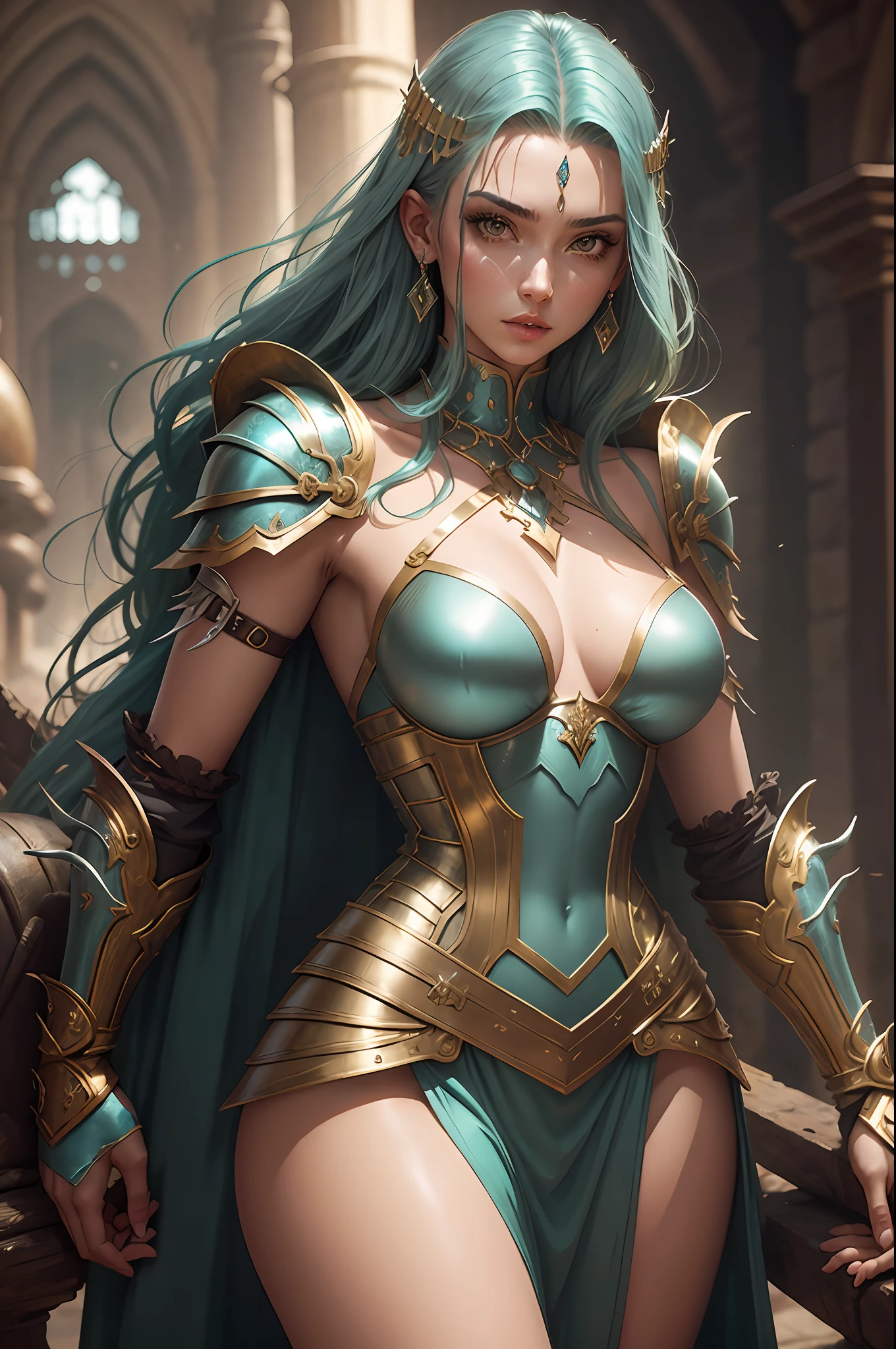 Aqua-haired woman in low-cut punk medieval armor. Bright chrome gold lingerie with sharp reflections. Gems. Bare shoulders. Detailed lighting. Artwork. Extreme beauty. Clothing with intense gradient effect