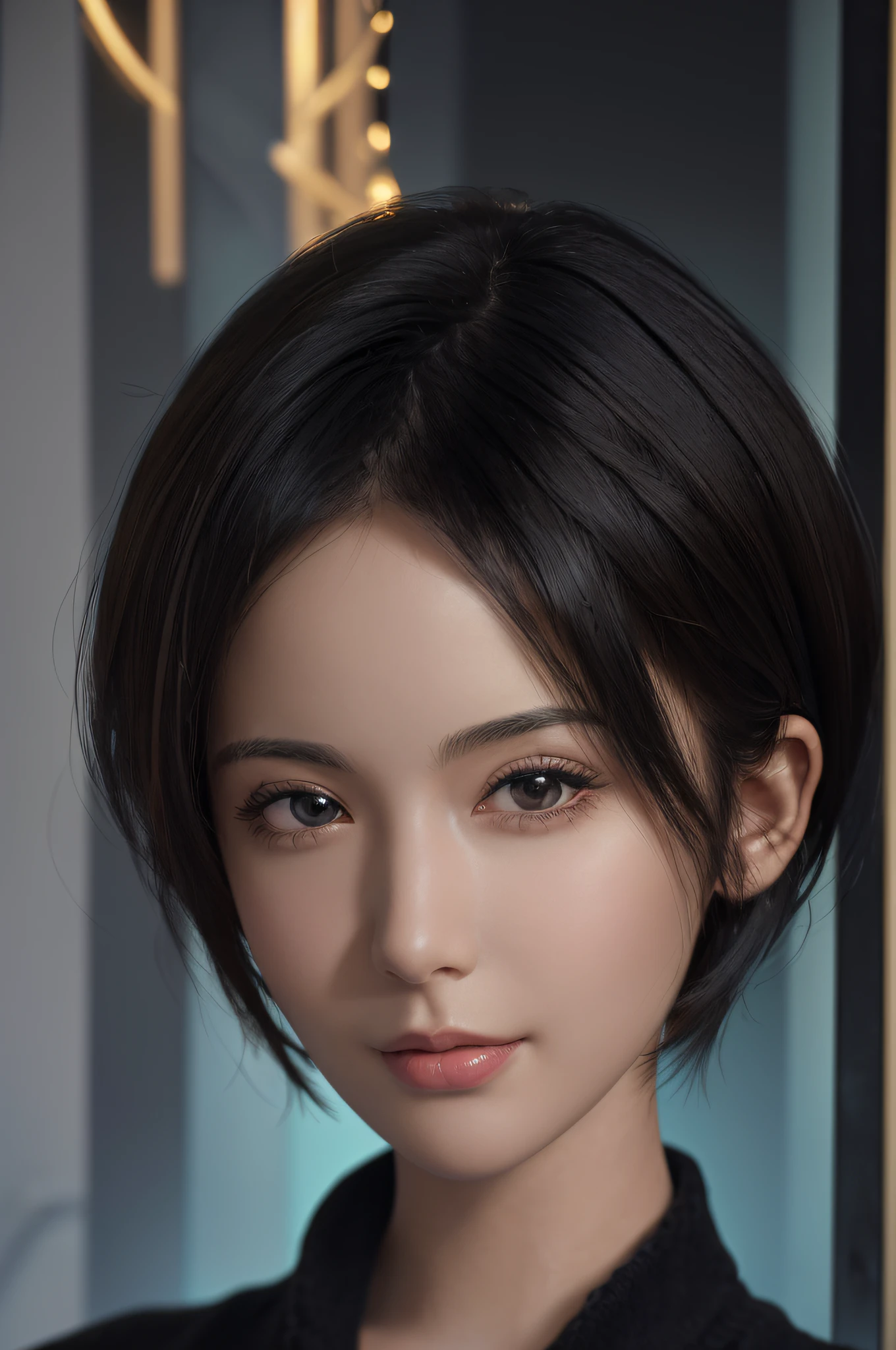 (masterpiece:1.3), (8k, photorealistic, RAW photo, best quality: 1.4), (1girl), beautiful face, (realistic face), (black hair, short hair:1.3), beautiful hairstyle, realistic eyes, beautiful detailed eyes, (realistic skin), beautiful skin, (sweater), absurdres, attractive, ultra high res, ultra realistic, highly detailed, golden ratio