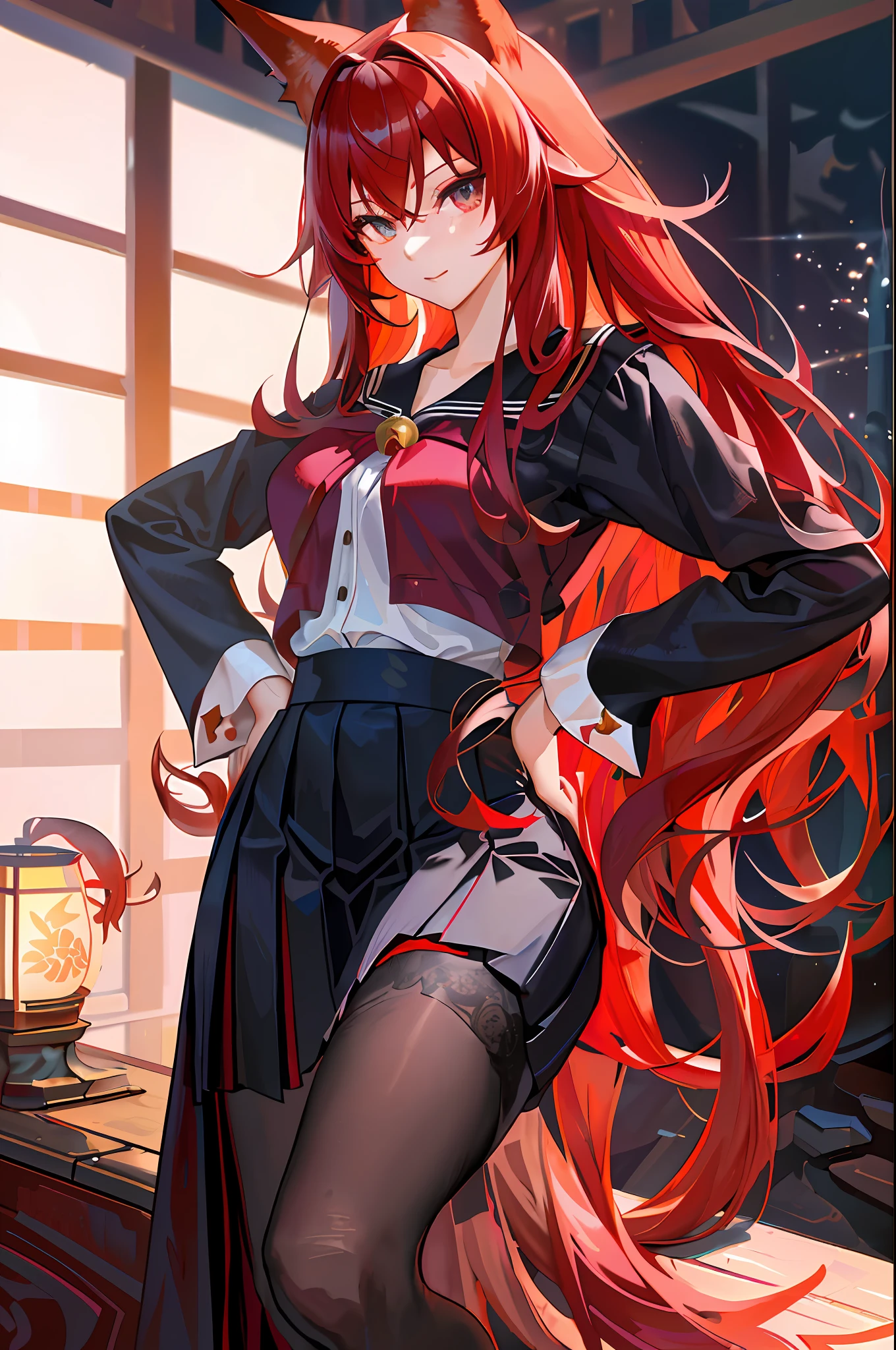 Masterpiece, rias gremory, best quality, 1girl, long hair, ((())), (((realistic))), (((Curvilinear))), eyes bells, crimson red hair, straight hair, wavy hair, beautiful eyes, beautiful detailed shine, very bright, (((foxy girl))),(((Japanese school clothes)))), (skirt), (((uniform blouse))