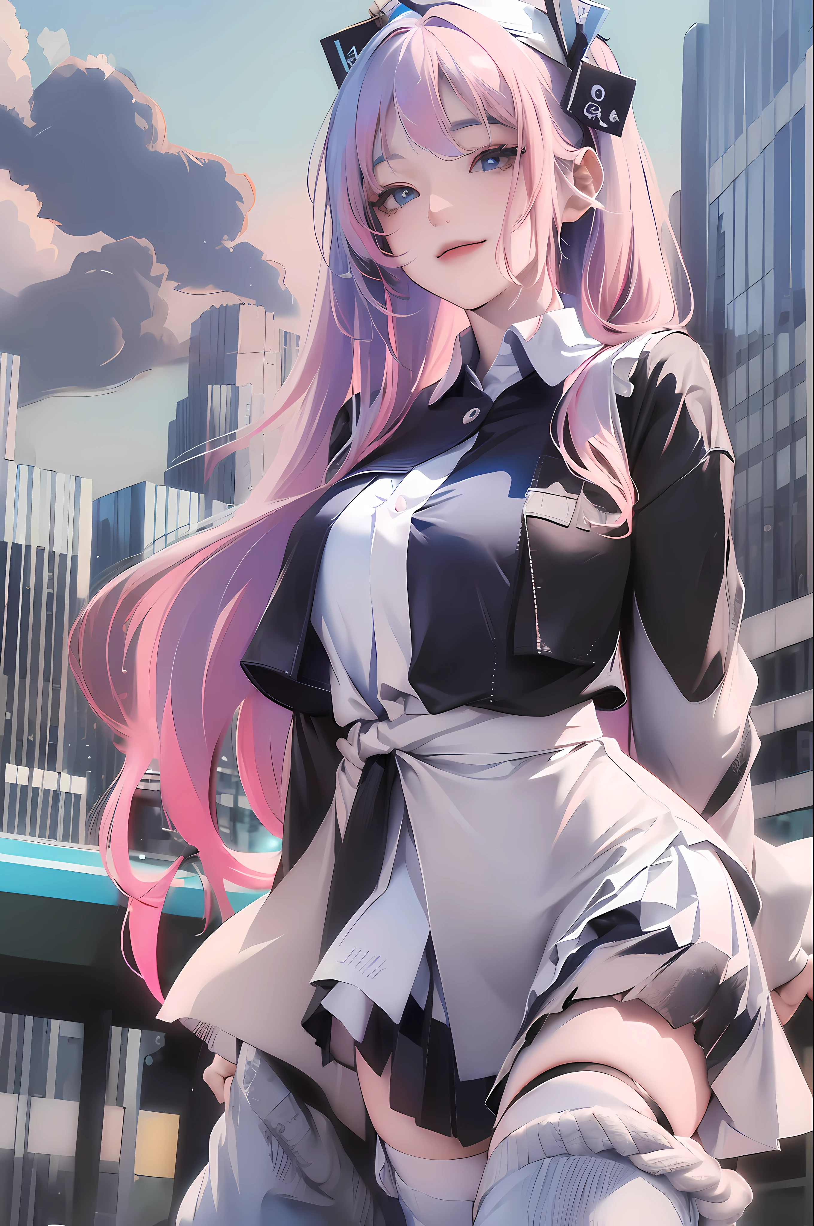 official art, masterpiece, sharp focus, (beautiful gorgeous cute Korean woman:1.3), (beautiful cute korean:1.3), korean beauty, Delicate and beautiful hair and eyes and face, realistic, ultra detailed, beautiful girl, blue sky, glow white particle, (sidelighting:1.2), sun light, white cloud, detailed clouds, slender, Lovely very large breasts and very large hips, smile with teeth, ((smile with eyes, open both eyes)), scenery, long straight hair, sexy facial expression, building, (cityscape:1.7), dynamic hair, long straight hair, detailed platinum pink hair, glow blue eyes, (blue pleated shirts + white skirt), white long socks, pale skin, hair ornament, epic scenery,