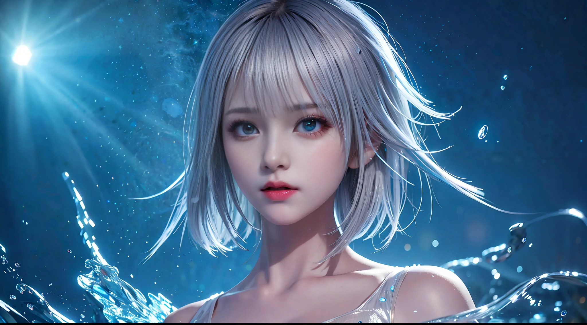 Silver-haired, short hair, upper body, standing underwater, split bangs, modern, surreal, cinematic lighting, chiaroscuro, masterpiece, textured skin, high resolution, high quality, high detail, beautiful face, big, pronounced cleavage, translucent clothes, starry sky,
