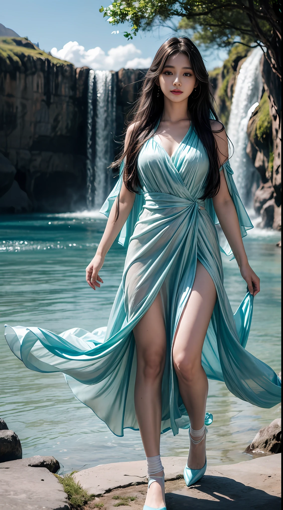 (8k, RAW photo, photorealistic:1.25) ,( lip gloss, eyelashes, glossy side, shiny skin, best quality, ultra high resolution, depth of field, chromatic aberration, caustic, wide light, natural shadow, Kpop idol) , Arad woman in blue dress and thigh socks standing under the waterfall, tall and thin beauty goddess, flowing dress, flowing dress, flowing dress, clouds, flowing realistic fabric, flowing aqua green silk, beautiful flowing fabric, Stunning young ethereal figure, wearing flowing dress, long flowing fabric, realistic beautiful young woman, flowing fabric, (wind: 1.3), blue sky in background, (full body: 1.5), yangmi