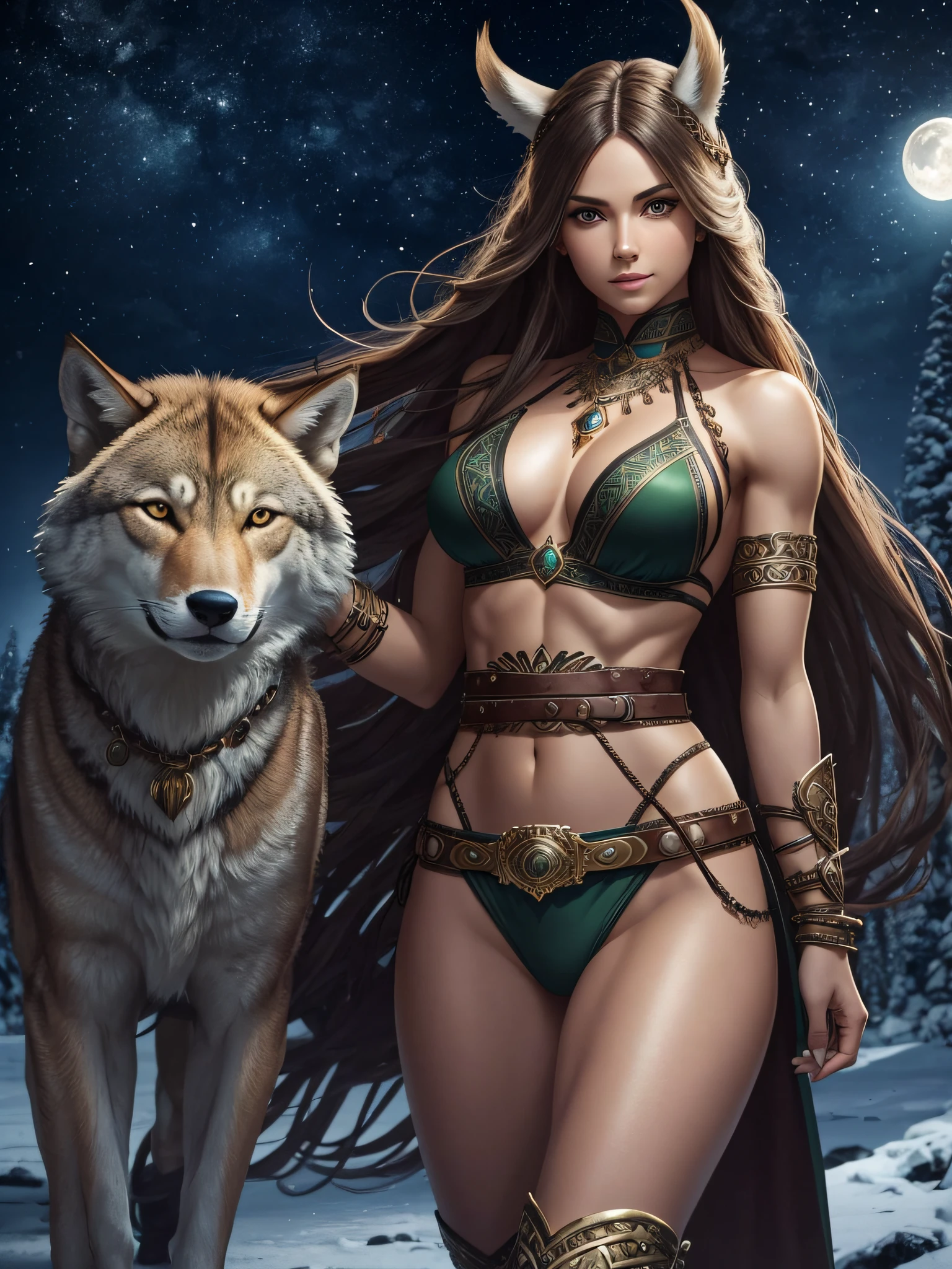 Realistic:1.5, 8K,  best quality, masterpiece, detailed, 1girl, a beautiful female holding a wolf cub, full body:1.5, face focus, toned muscles, long legs, slim thighs, narrow hips, green eyes, tiny breasts, detailed face, sultry smile, beautiful eyes, detailed clothes, clear background:1.5, Normal skin, long hair, outlined eyes, outlined face, bracelet, full body, wearing elaborate barbarian bikini, boots, belt, detailed night winter background, stars, moon, soft lighting, best shadow, soft details, perfect composition, Intricate, Sharp focus, dramatic