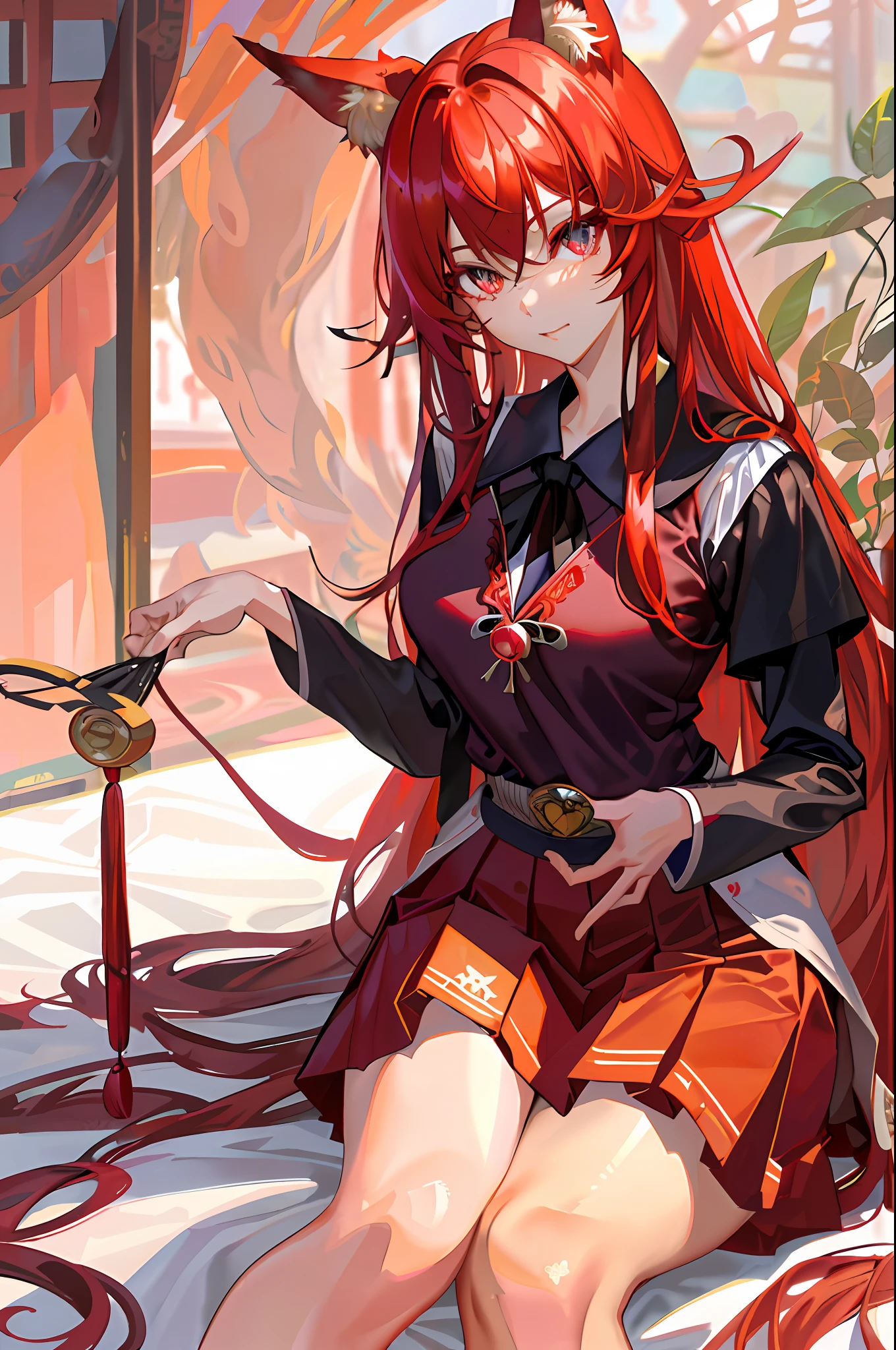 Masterpiece, rias gremory, best quality, 1girl, long hair, (((sexy))), (((realistic))), (((Curvilinear))), eyes bells, crimson red hair, straight hair, wavy hair, beautiful eyes, beautiful detailed shine, very bright, (((foxy girl))),(((Japanese school clothes)))), (skirt), (((uniform blouse))