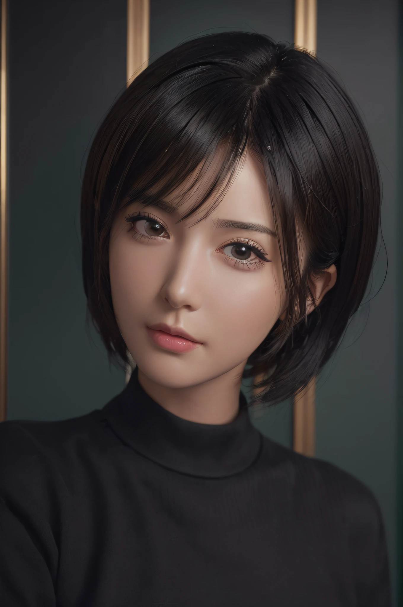 (masterpiece:1.3), (8k, photorealistic, RAW photo, best quality: 1.4), (1girl), beautiful face, (realistic face), (black hair, short hair:1.3), beautiful hairstyle, realistic eyes, beautiful detailed eyes, (realistic skin), beautiful skin, (sweater), absurdres, attractive, ultra high res, ultra realistic, highly detailed, golden ratio