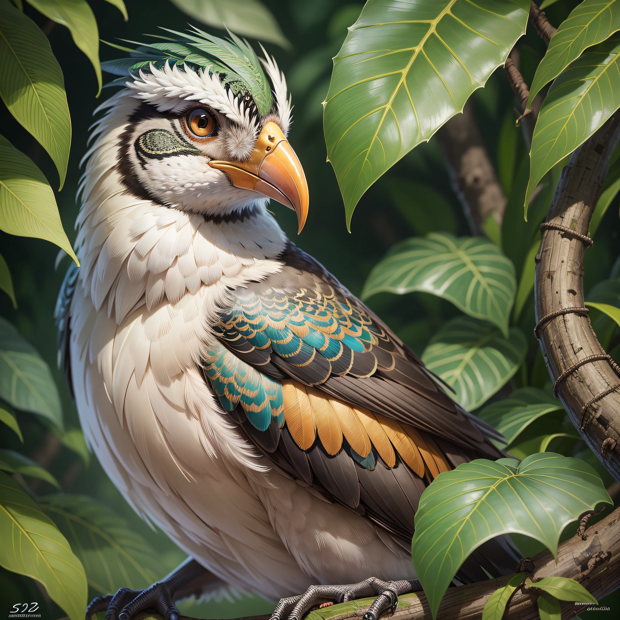 Create a hyper-realistic portrait of a majestic Suindara bird, capturing its intricate details and vibrant feathers. The portrait should be in high definition (HD) and have an impressive resolution of 8K. Pay close attention to the bird's expressive eyes, the texture of its feathers, and the graceful contours of its beak. Utilize advanced techniques to bring out the realism, emphasizing fine details and lifelike colors. The background should complement the bird's beauty, perhaps featuring a lush rainforest setting to showcase its natural habitat. Use professional-grade equipment and lighting to capture this stunning portrait with precision and artistry. --auto --s2