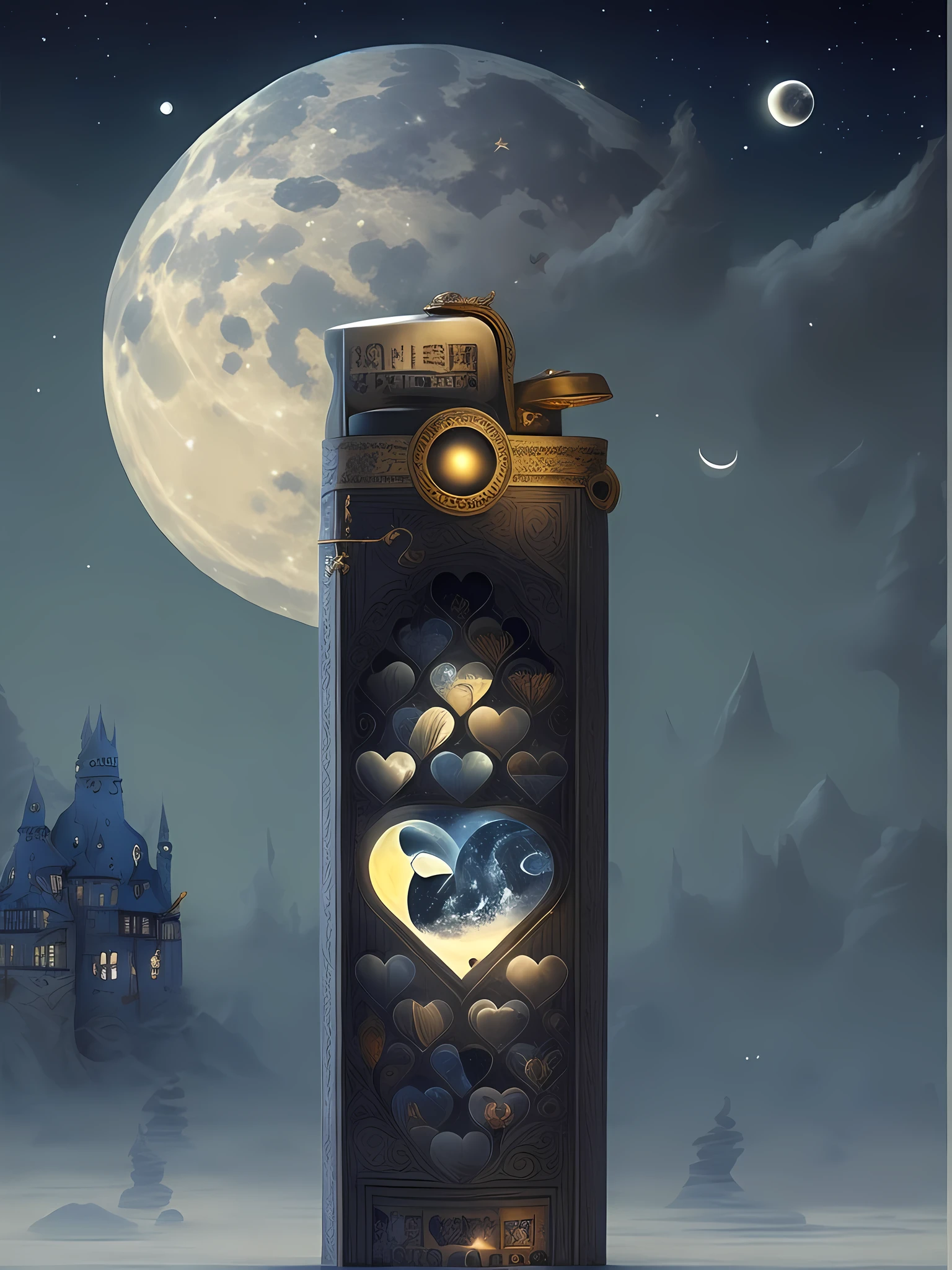 There is a lighter with crescent moon and stars, dreamy and detailed, teapot, secret tea house, on the moon, whimsical art, by Neil Glein, Anne Stegerard, gorgeous art, magic glass container graphics, magical shapes surrealism, beautifully illustrated, charming and otherworldly, ✨🕌🌙 moonlight fisheye illustrator