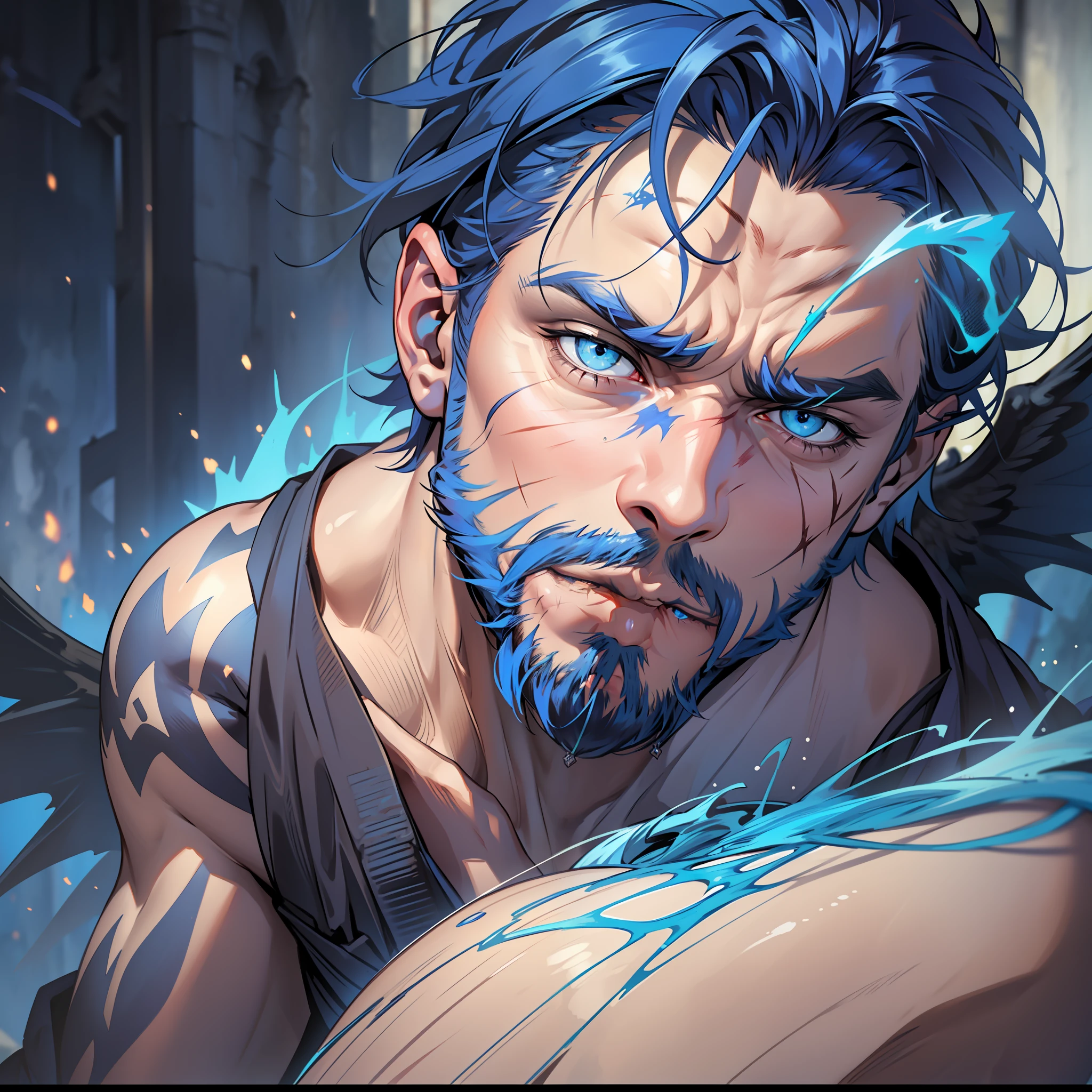 ((realistic: 1.5)),((best quality)), ((masterpiece)),((detailed)), scene of war and destruction, dead people around, man in the center, young, short blue hair, blue beard, scars on his face, bright blue eyes, demon wings, angry look, bruised, blue aura around his body