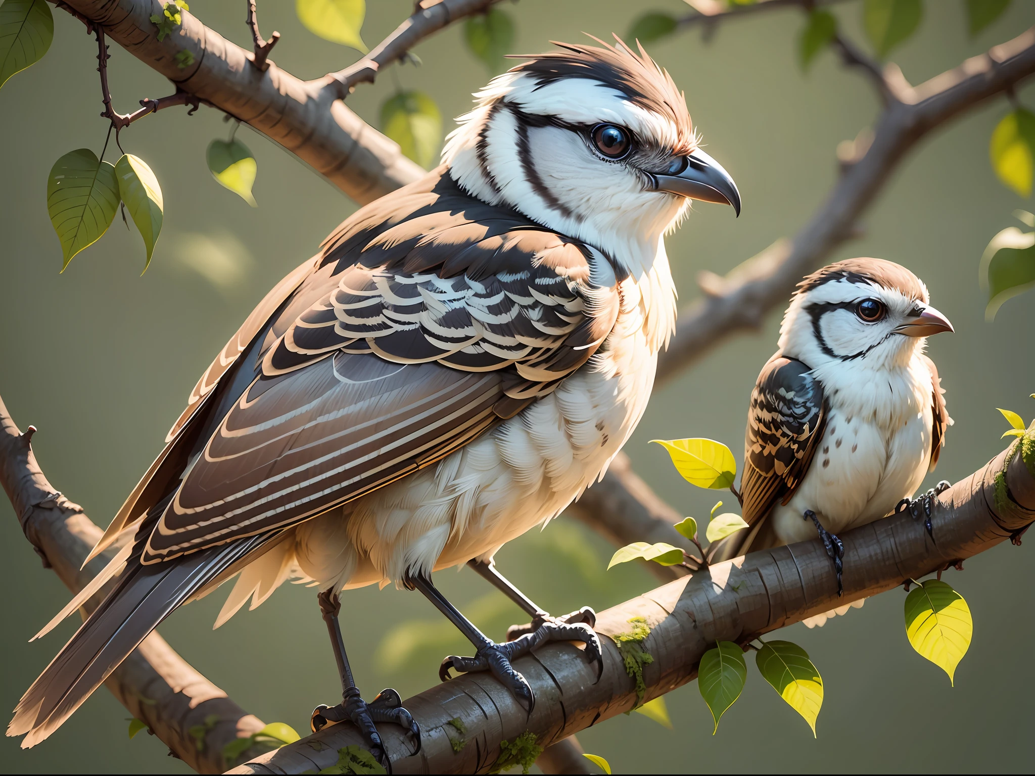 ((top quality, 8k, masterpiece, photo)), there is a bird sitting on a tree branch, with a smooth chin, the shrike perches on a tree, on a branch, perched on a mossy branch, on the subject of the bird nightingale, looking at the bird, soft chin, flax, round beak, brown tail, very backlit, proudly looking away, broad shoulders, taken with Nikon Z9 --auto --s2