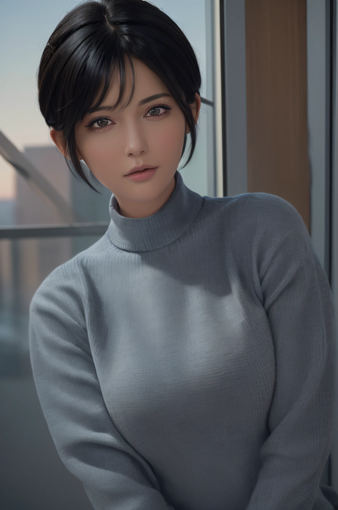 (masterpiece:1.3), (8k, photorealistic, RAW photo, best quality: 1.4), (1girl), beautiful face, (realistic face), (black hair, short hair:1.3), beautiful hairstyle, realistic eyes, beautiful detailed eyes, (realistic skin), beautiful skin, (sweater), absurdres, attractive, ultra high res, ultra realistic, highly detailed, golden ratio