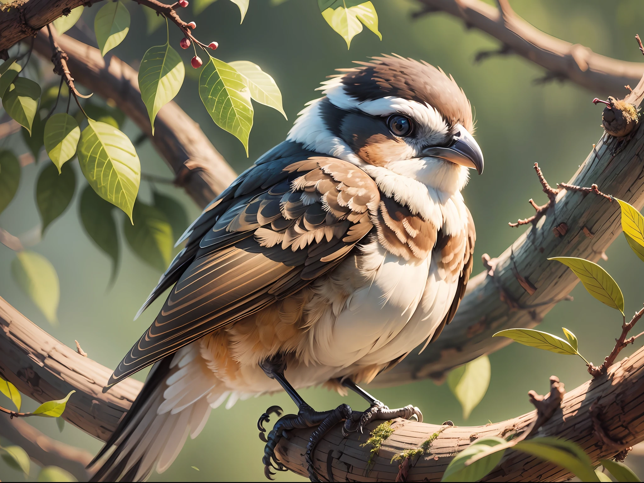 ((top quality, 8k, masterpiece, photo)), there is a bird sitting on a tree branch, with a smooth chin, the shrike perches on a tree, on a branch, perched on a mossy branch, on the subject of the bird nightingale, looking at the bird, soft chin, flax, round beak, brown tail, very backlit, proudly looking away, broad shoulders, taken with Nikon Z9 --auto --s2