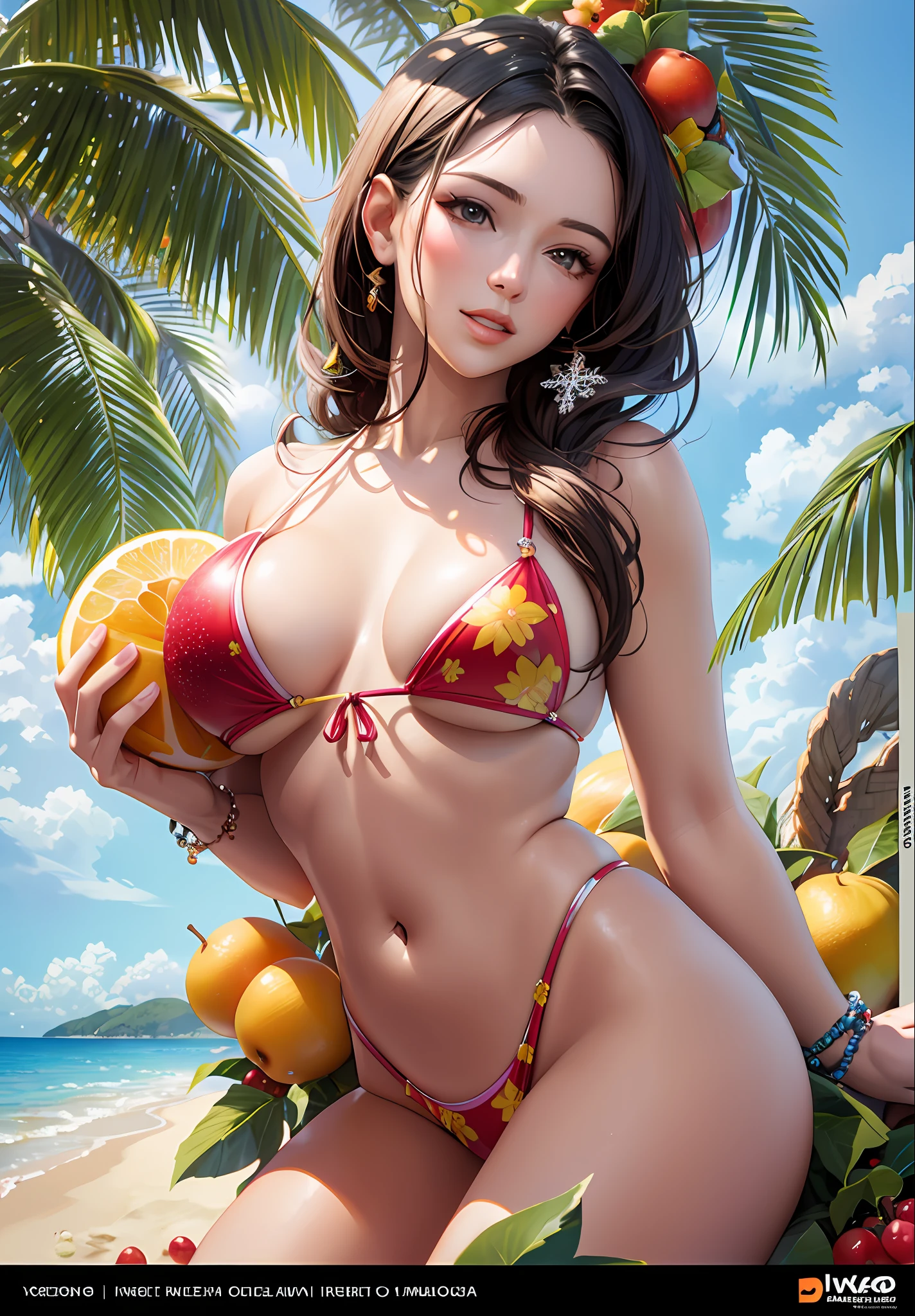 Hyper Photorealistic, Beautiful woman holding a lot of fruits, kissing fruits in the ultra micro bikini, make merry, sunny beach, super detailed